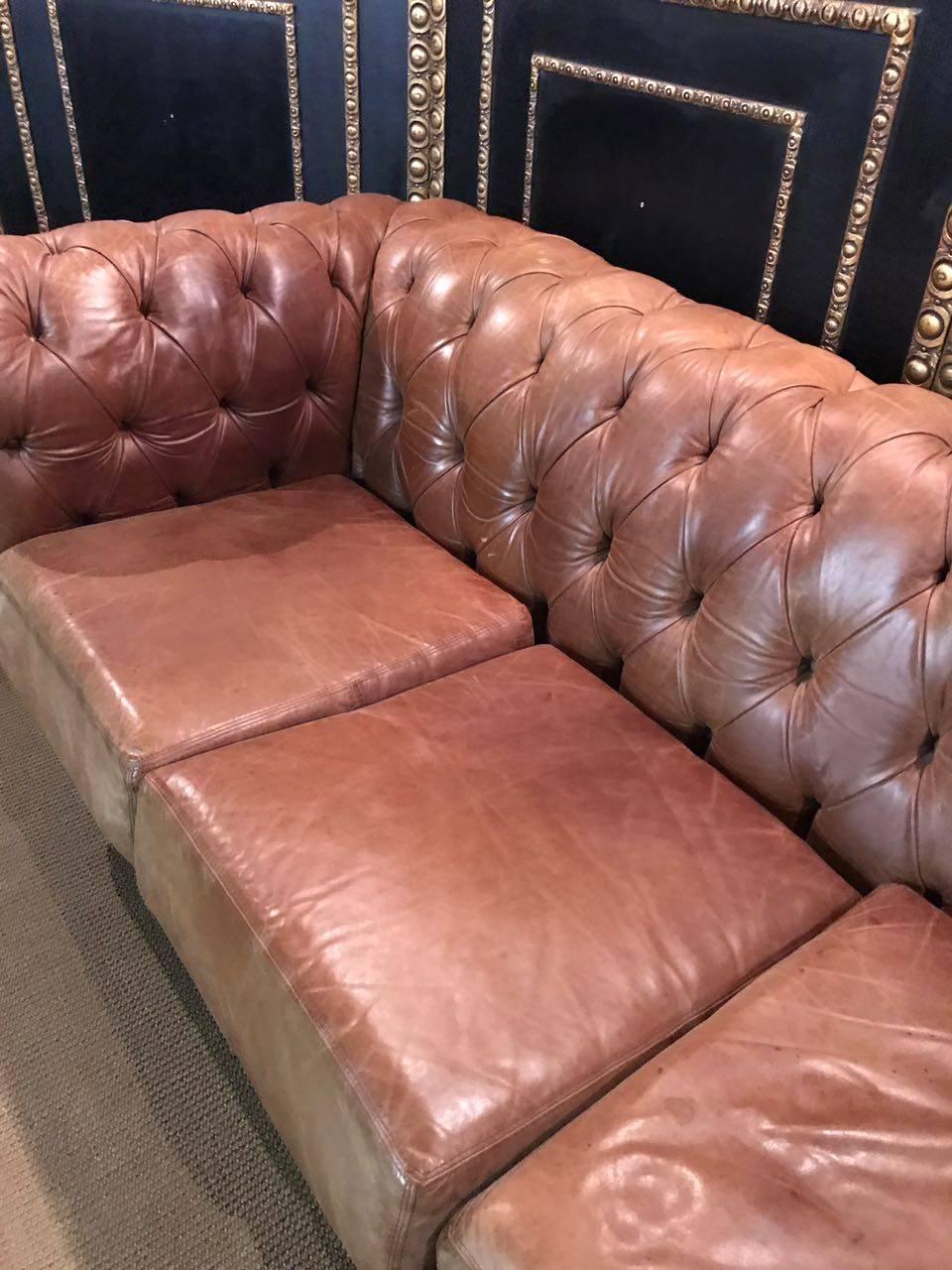 Chesterfield Seating Set in Vintage Style, Genuine Leather Beautiful Patina 1