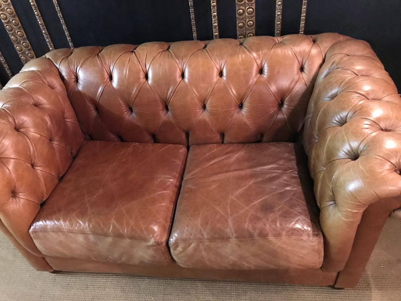 Chesterfield Seating Set in Vintage Style, Genuine Leather Beautiful Patina 2