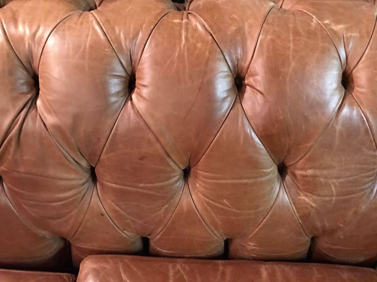 Chesterfield Seating Set in Vintage Style, Genuine Leather Beautiful Patina 4