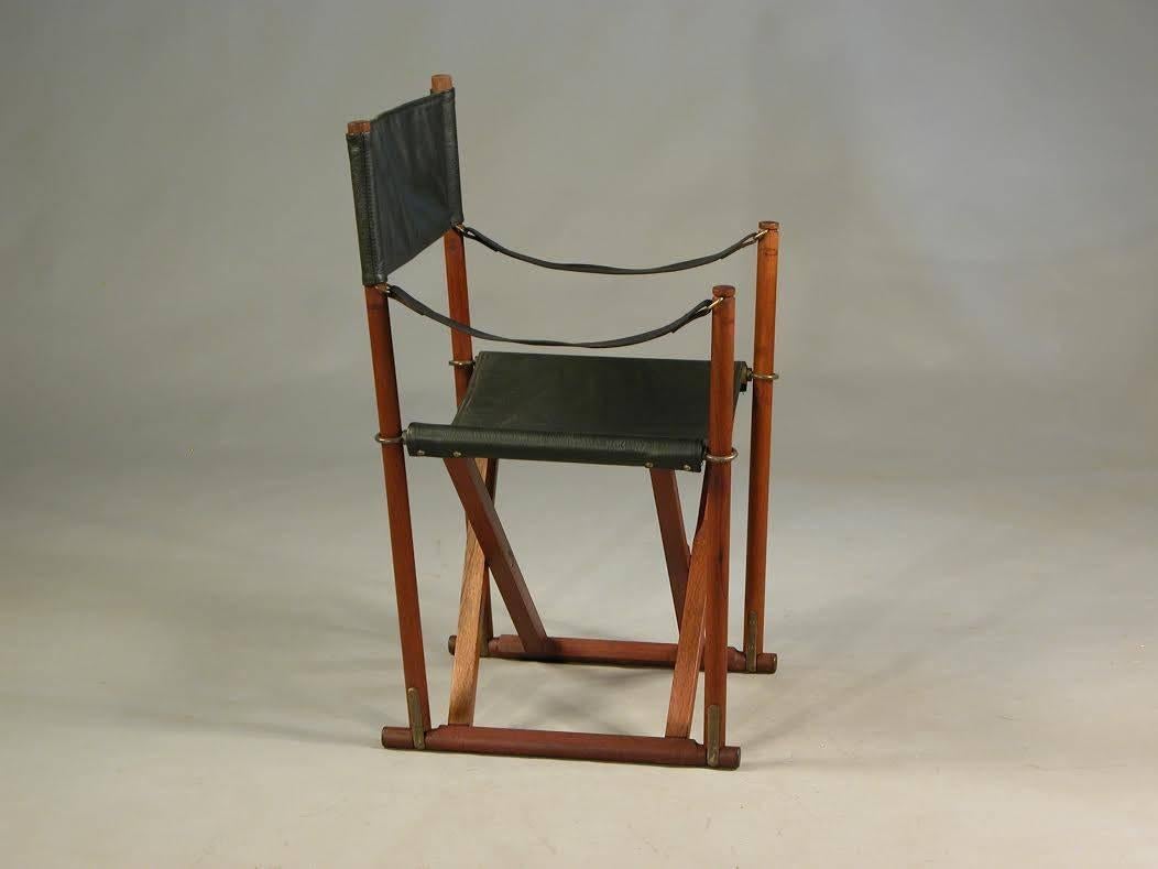 Danish 1930s Mogens Koch MK-16 Safari Folding Chairs in Teak, Brass and Black Leather