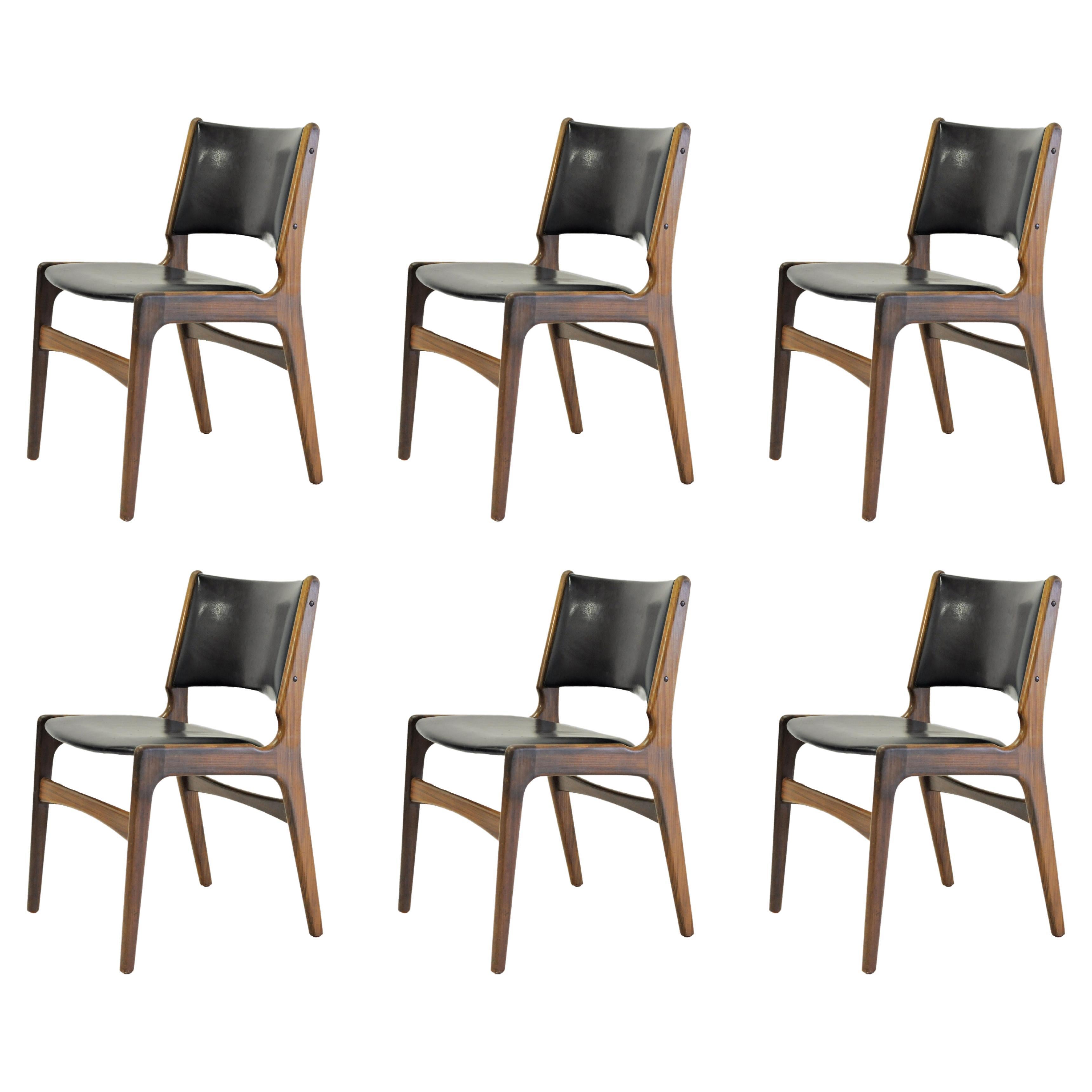 Six chaises de salle à manger restaurées Erik Buch en teck massif, tapissées sur mesure