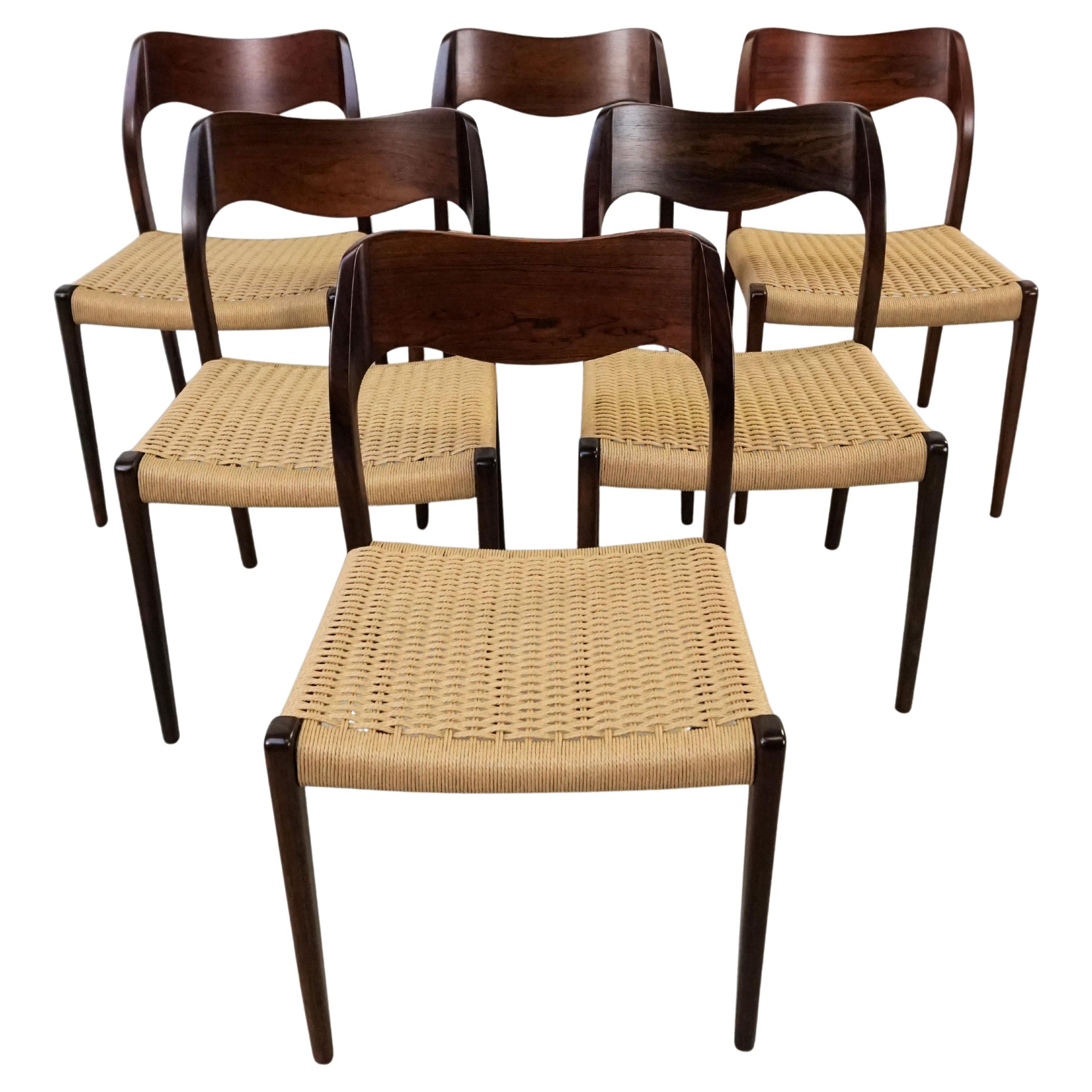 1960s Niels Otto Møller Six Rosewood Dining Chairs with New Paper Cord Seats