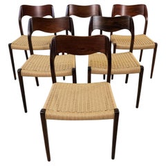1960s Niels Otto Møller Six Rosewood Dining Chairs with New Paper Cord Seats
