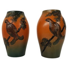 Handcrafted Danish Art Nouveau Black Grouse Decorated Vases by P. Ipsens Enke