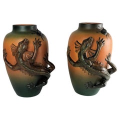 1890´s Two Large Hand-Crafted Danish Art Nouveau Lizard Vases by P. Ipsens Enke