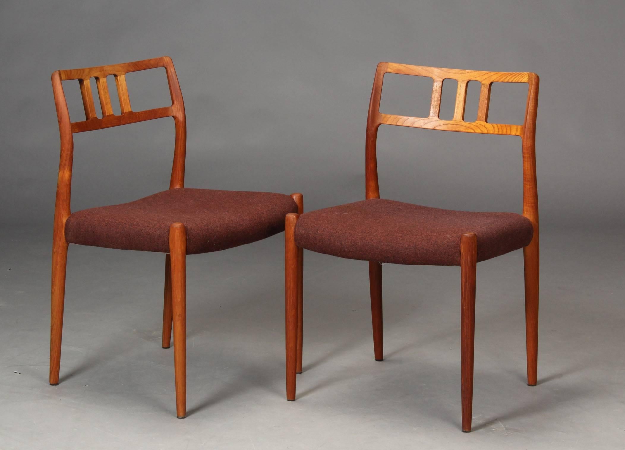 Mid-Century Modern 1960s Niels Otto Møller Model 79 Teak Bordaux Red Dining Chairs for J.L. Møllers
