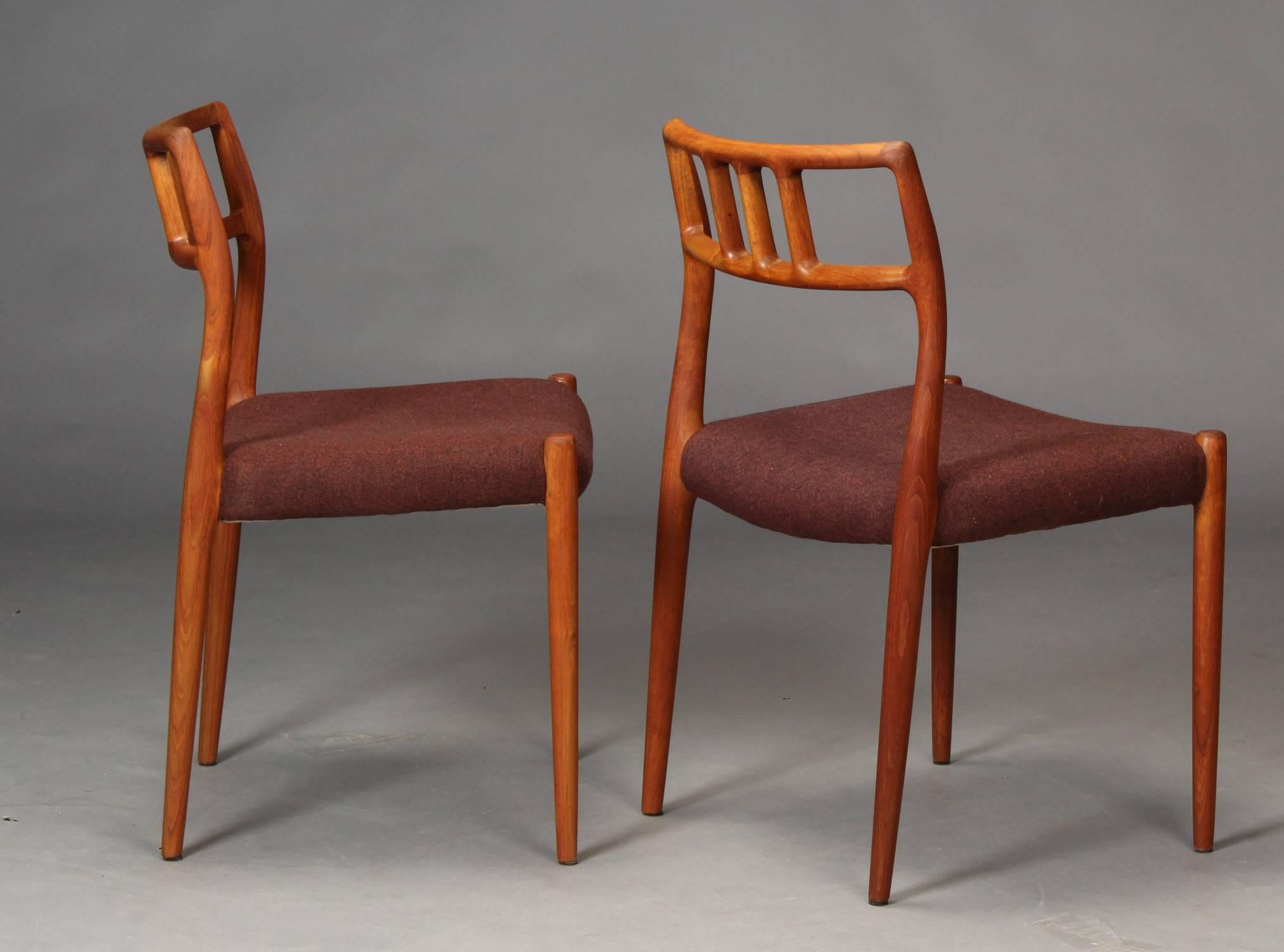 Hand-Crafted 1960s Niels Otto Møller Model 79 Teak Bordaux Red Dining Chairs for J.L. Møllers