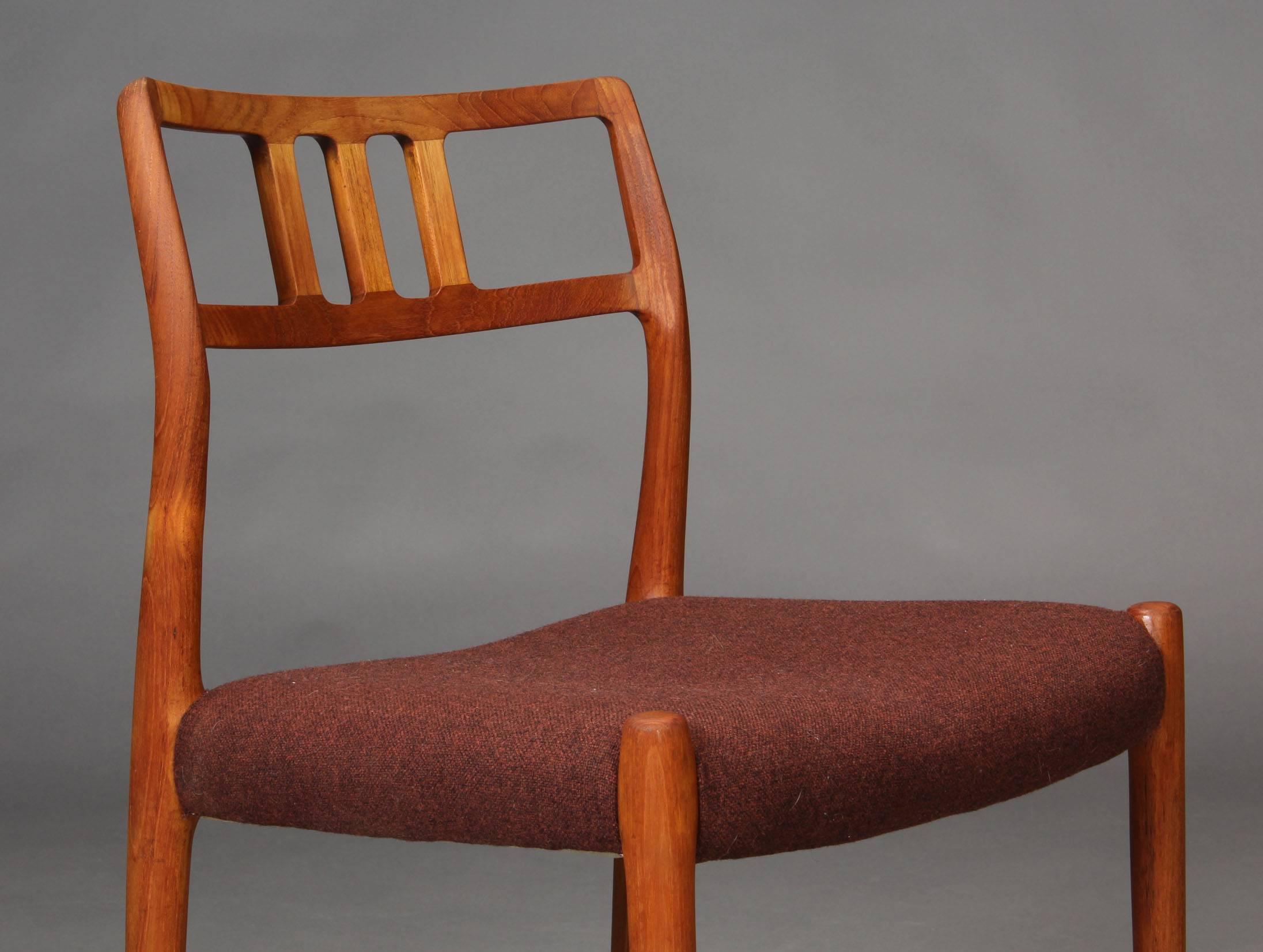 Mid-20th Century 1960s Niels Otto Møller Model 79 Teak Bordaux Red Dining Chairs for J.L. Møllers