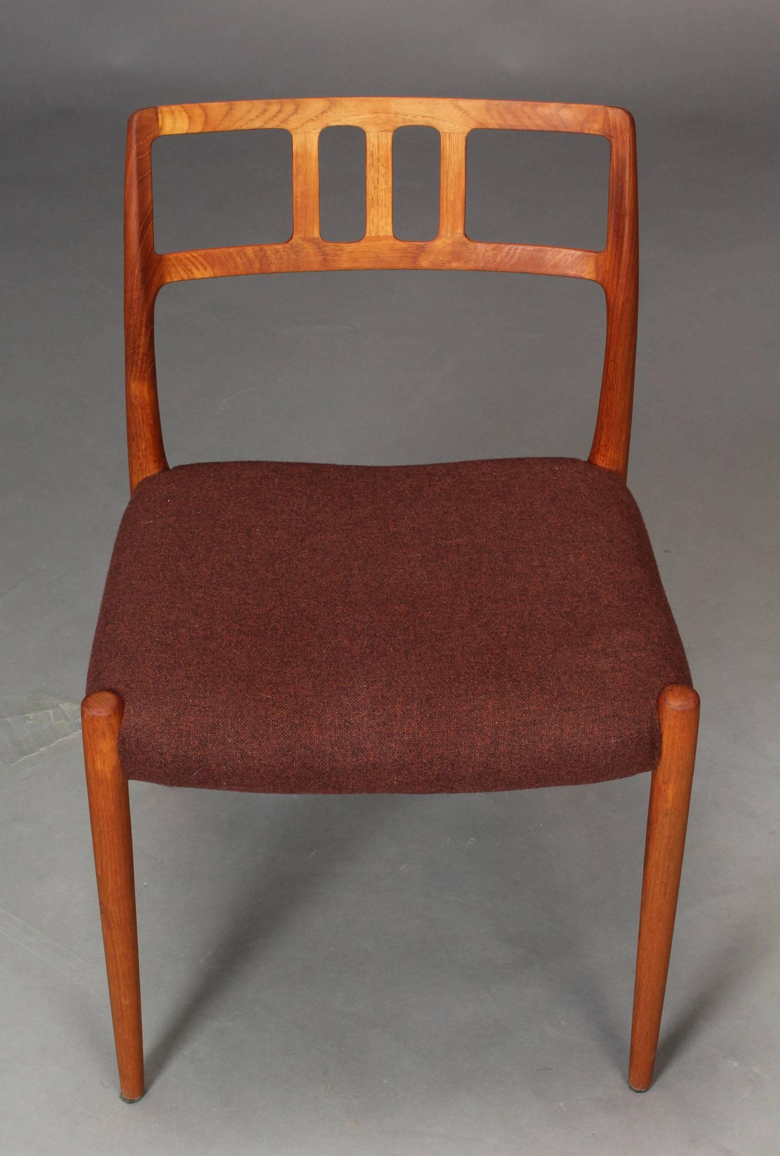 Fabric 1960s Niels Otto Møller Model 79 Teak Bordaux Red Dining Chairs for J.L. Møllers