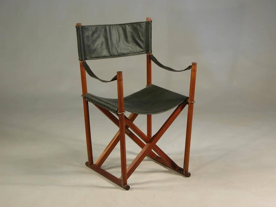 Scandinavian Modern 1930s Mogens Koch MK-16 Safari Folding Chairs in Teak, Brass and Black Leather