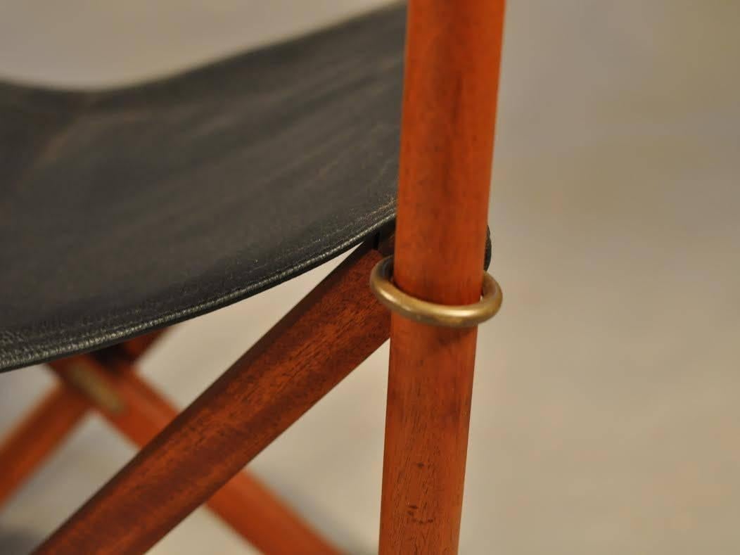 Mid-20th Century 1930s Mogens Koch MK-16 Safari Folding Chairs in Teak, Brass and Black Leather