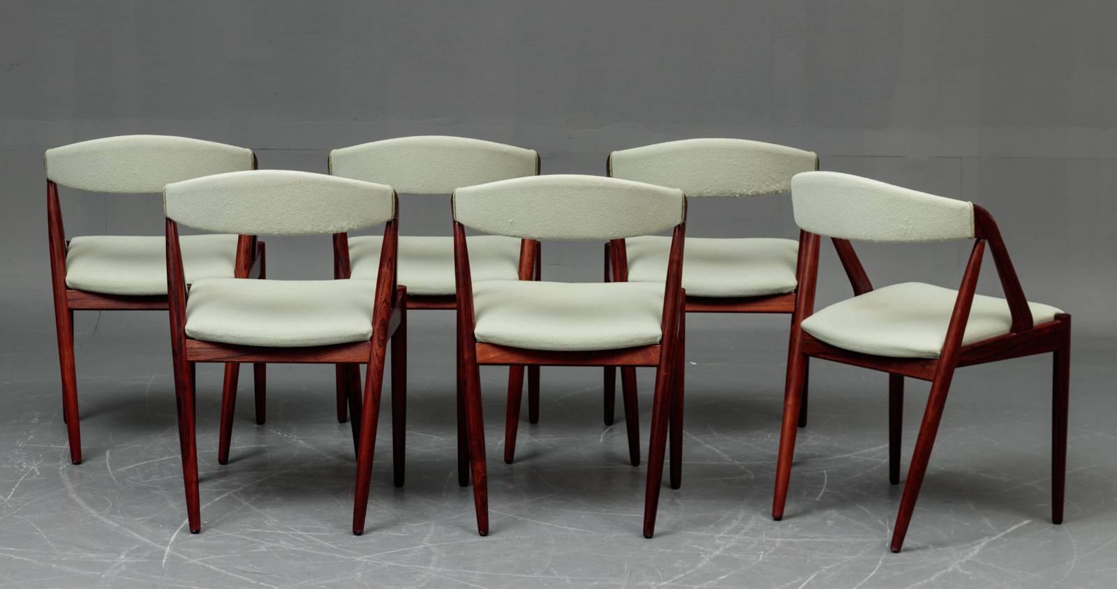 Scandinavian Modern 1960s Six Kai Kristiansen Model 31 Dining Chairs in Rosewood - Mint Green Fabric