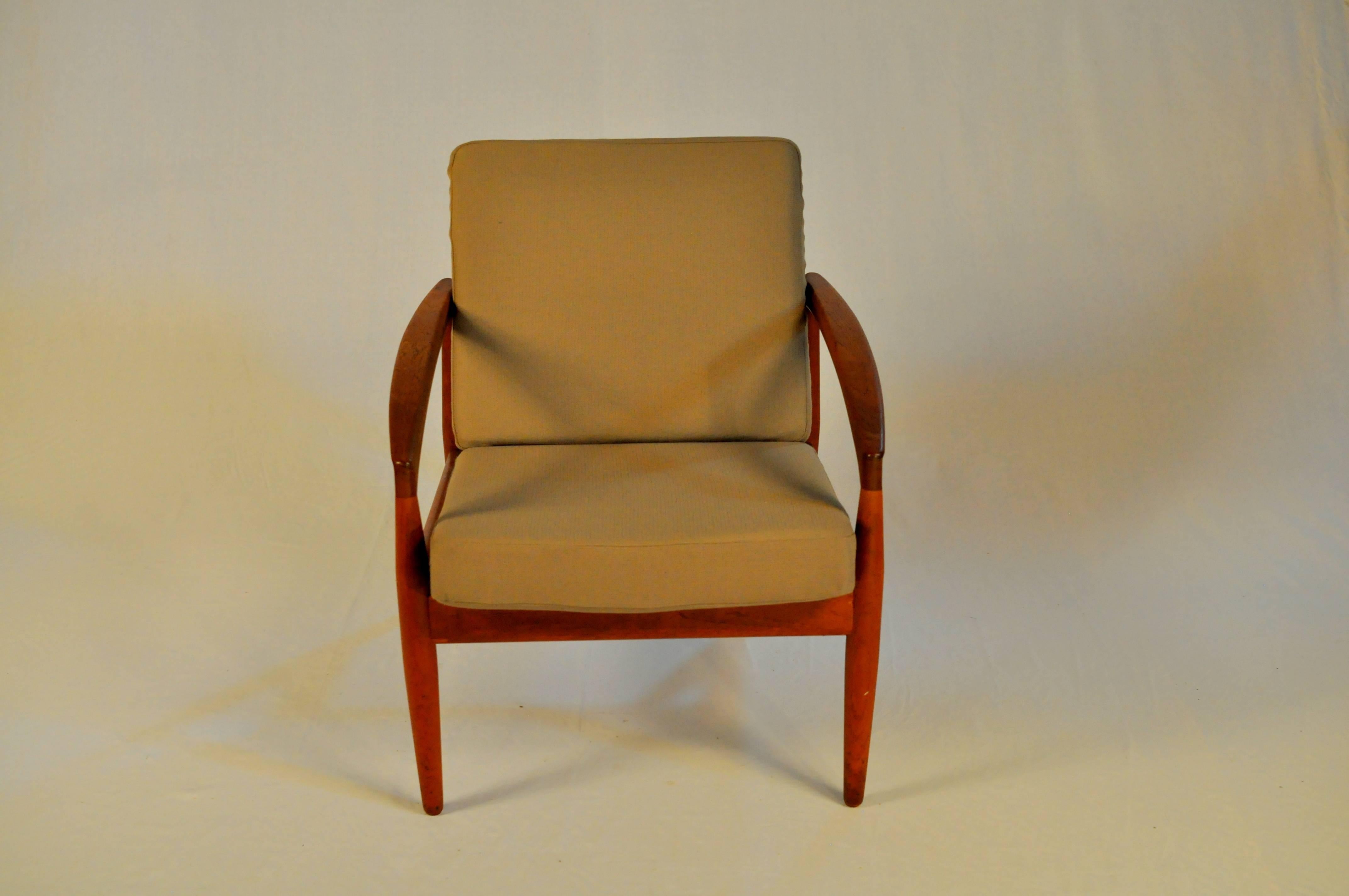 Danish 1950s Set of Two Kai Kristiansen Paper Knife Armchairs in Teak and Green Fabric