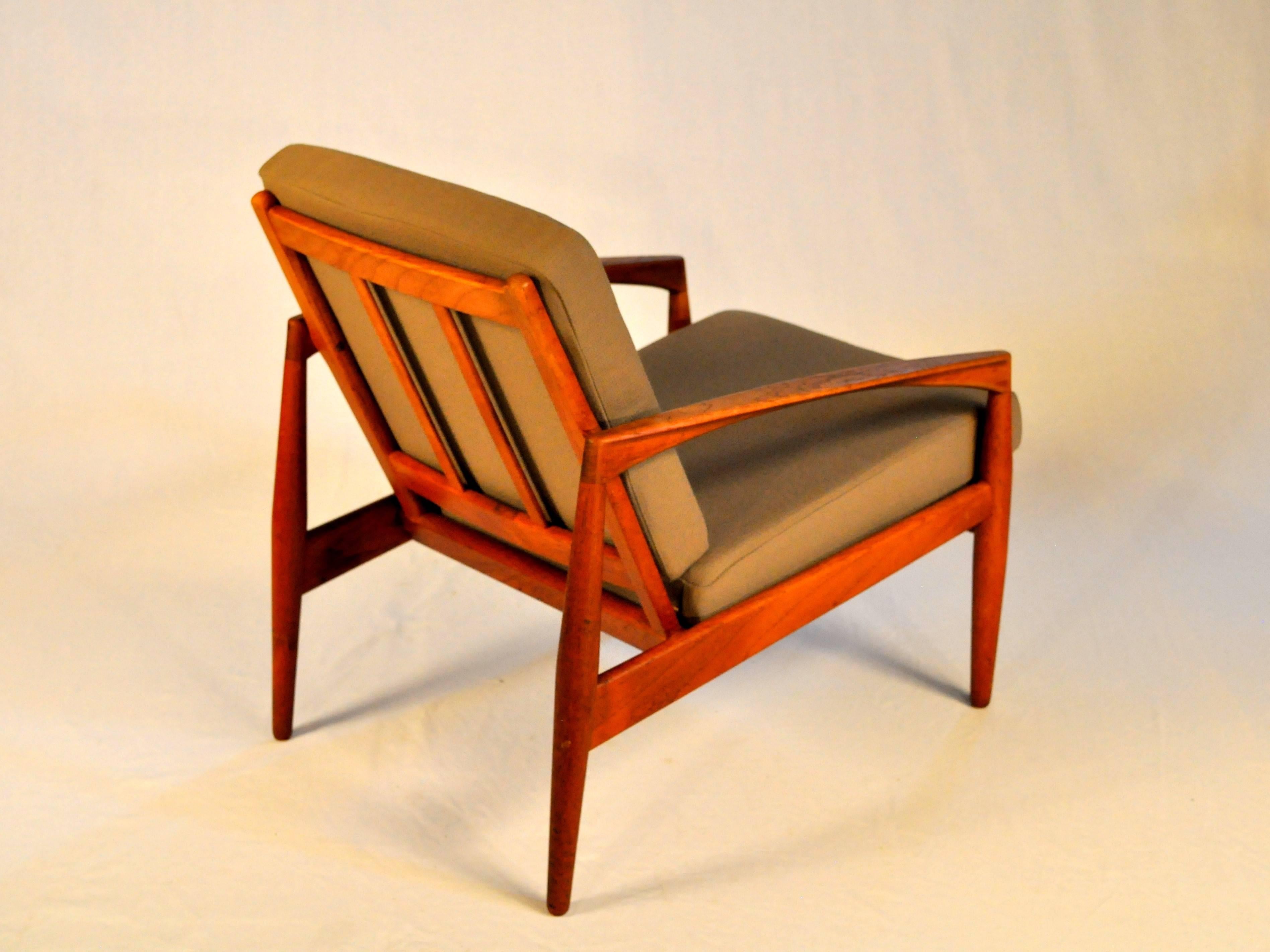Woodwork 1950s Set of Two Kai Kristiansen Paper Knife Armchairs in Teak and Green Fabric