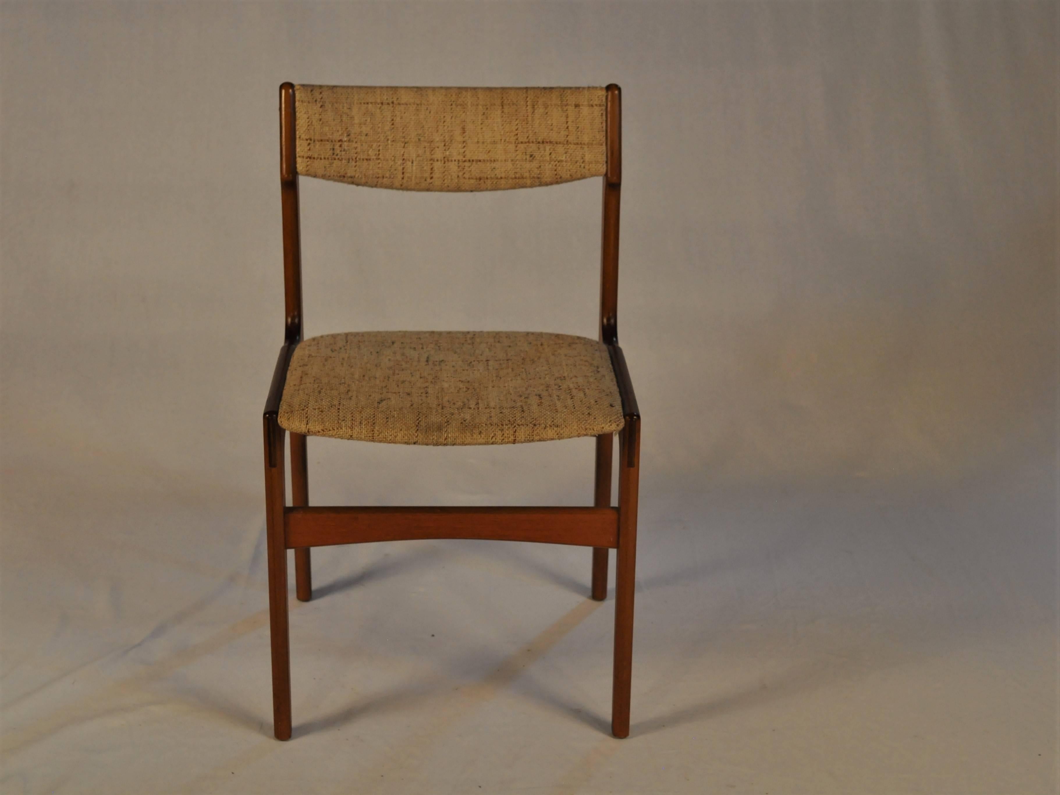 Set of six teak dining chairs designed by Erik Buch.

The chairs are as all of Erik Buchs chairs confortable and are in very good condition.

The chairs have been restored and refinished by our cabinetmaker to ensure that they are in very good