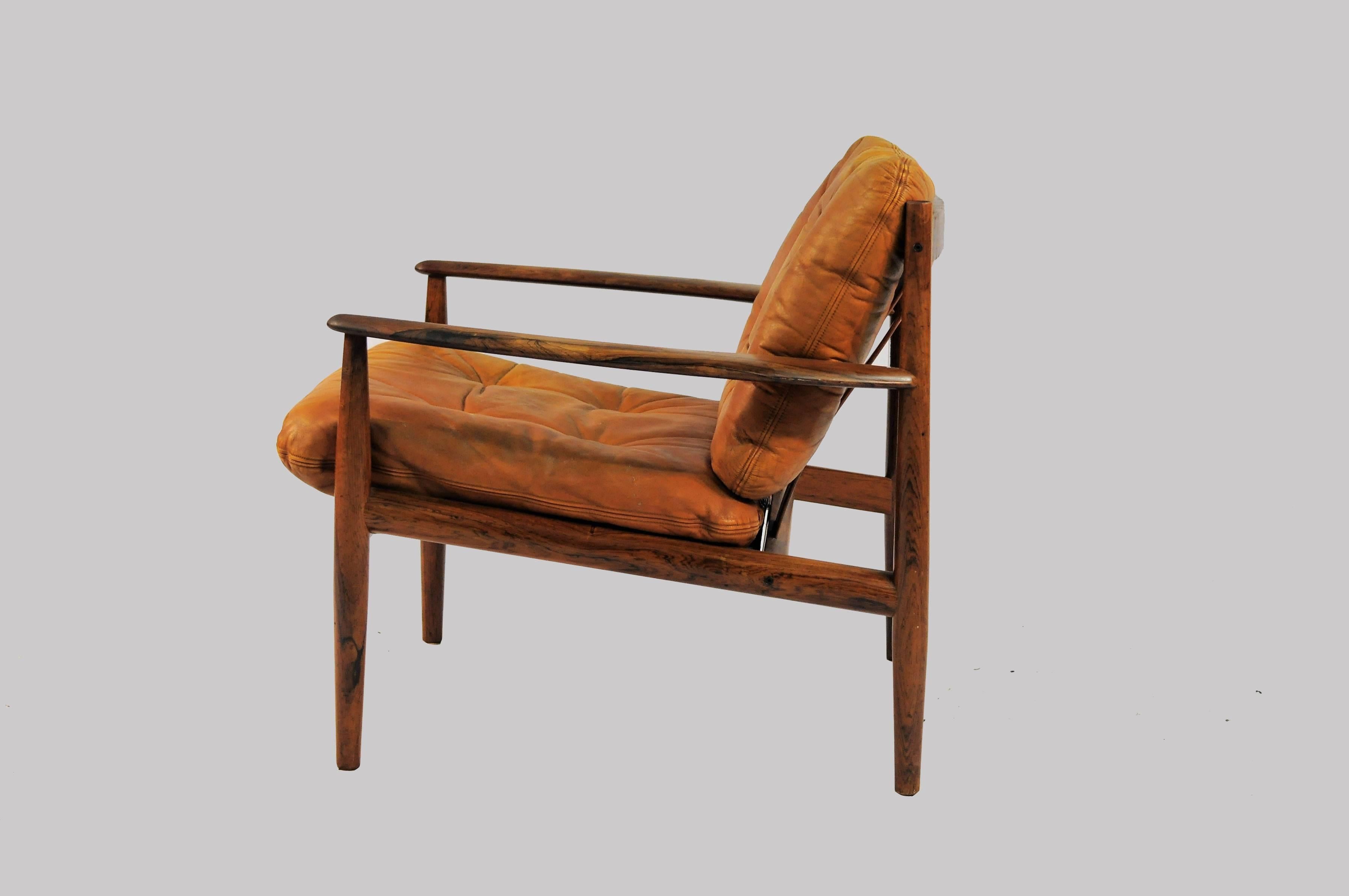 Scandinavian Modern 1960s Grete Jalk Lounge Chairs in Rosewood and Original Brown Leather Cushions