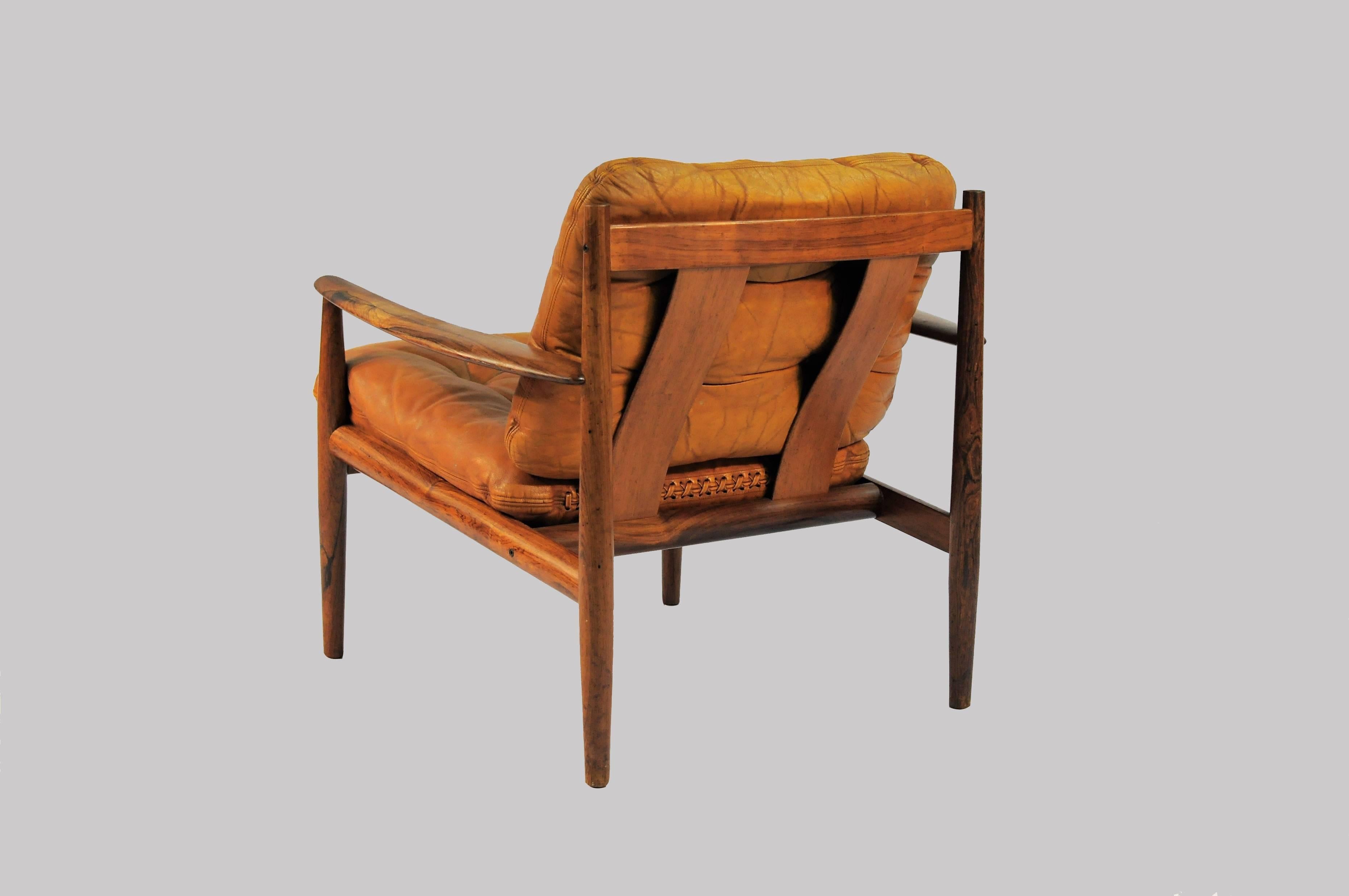 Danish 1960s Grete Jalk Lounge Chairs in Rosewood and Original Brown Leather Cushions