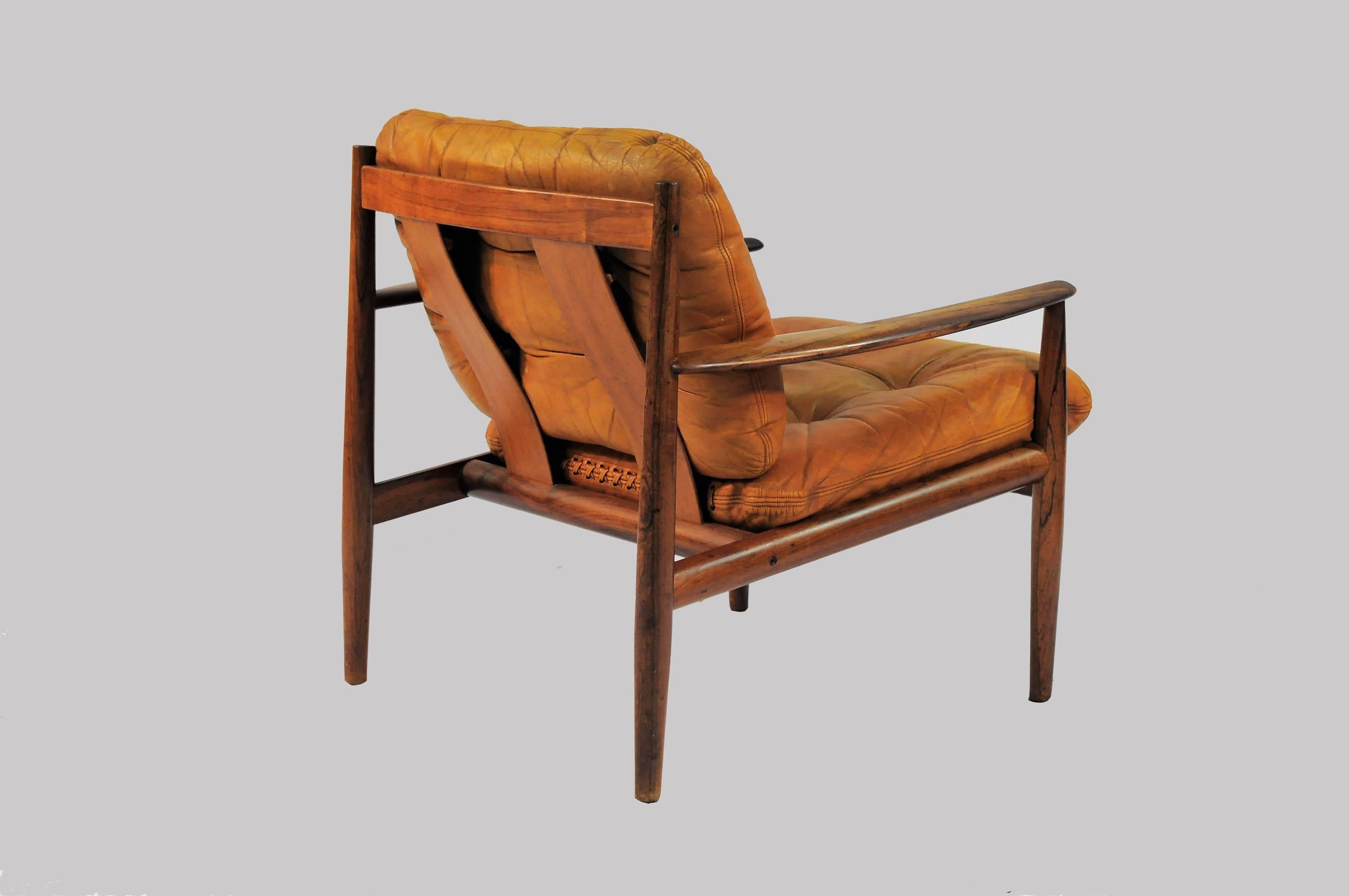 1960s Grete Jalk Lounge Chairs in Rosewood and Original Brown Leather Cushions In Good Condition In Knebel, DK