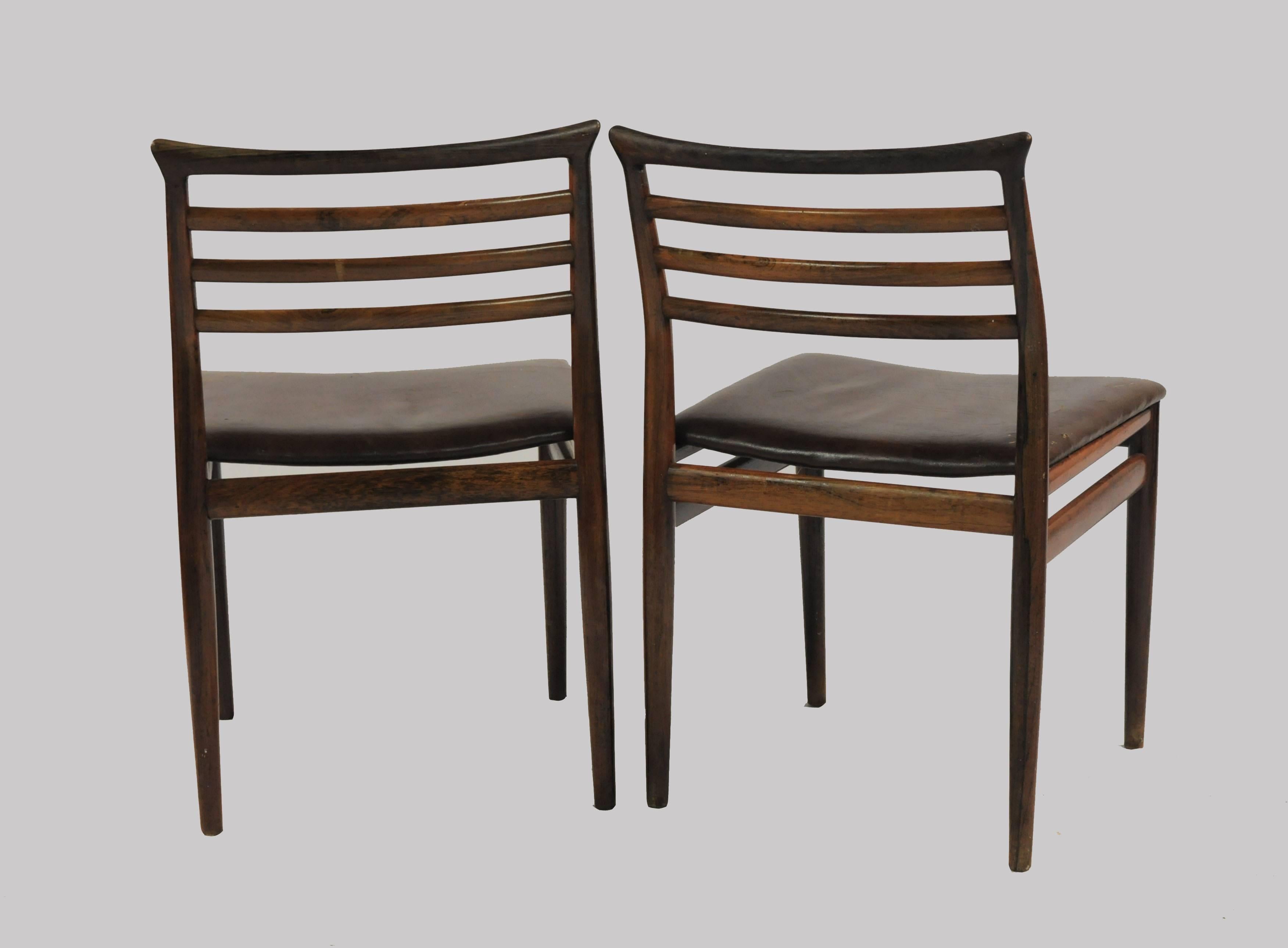 Scandinavian Modern 1960s Erling Torvits Set of Six Dining Chairs in Rosewood and Black Leather