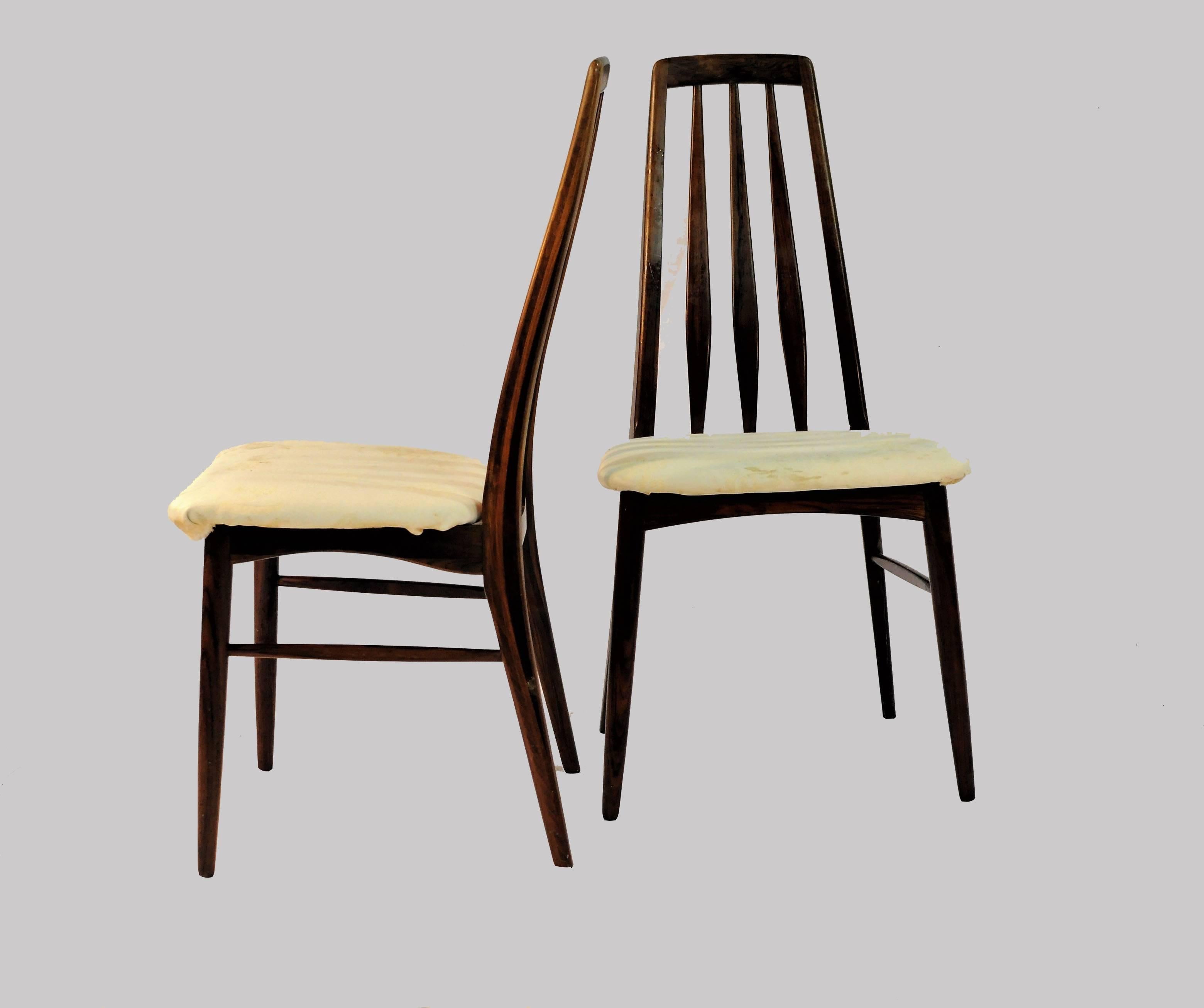 Set of six dining chairs model Eva in rosewood designed by Niels Koefoed for Koefoeds Møbelfabrik Hornslet

Frames of the chairs have been overlooked and refinished by our cabinetmaker and are in very good condition.

Seats will be reupholstered