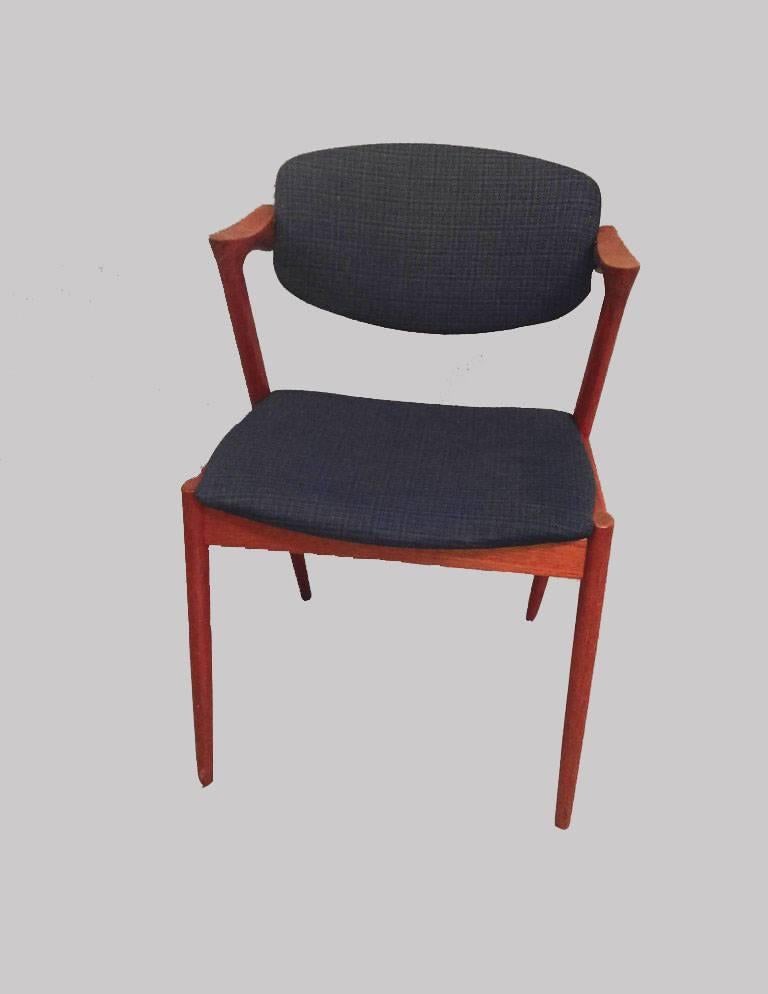 Set of six fully restored, 1960s teak dining chairs by Kai Kristiansen for Schous Møbelfabrik.

The chairs have Kai Kristiansens typical light and elegant design that make them fit in easily where you want them in your home - a design that was so