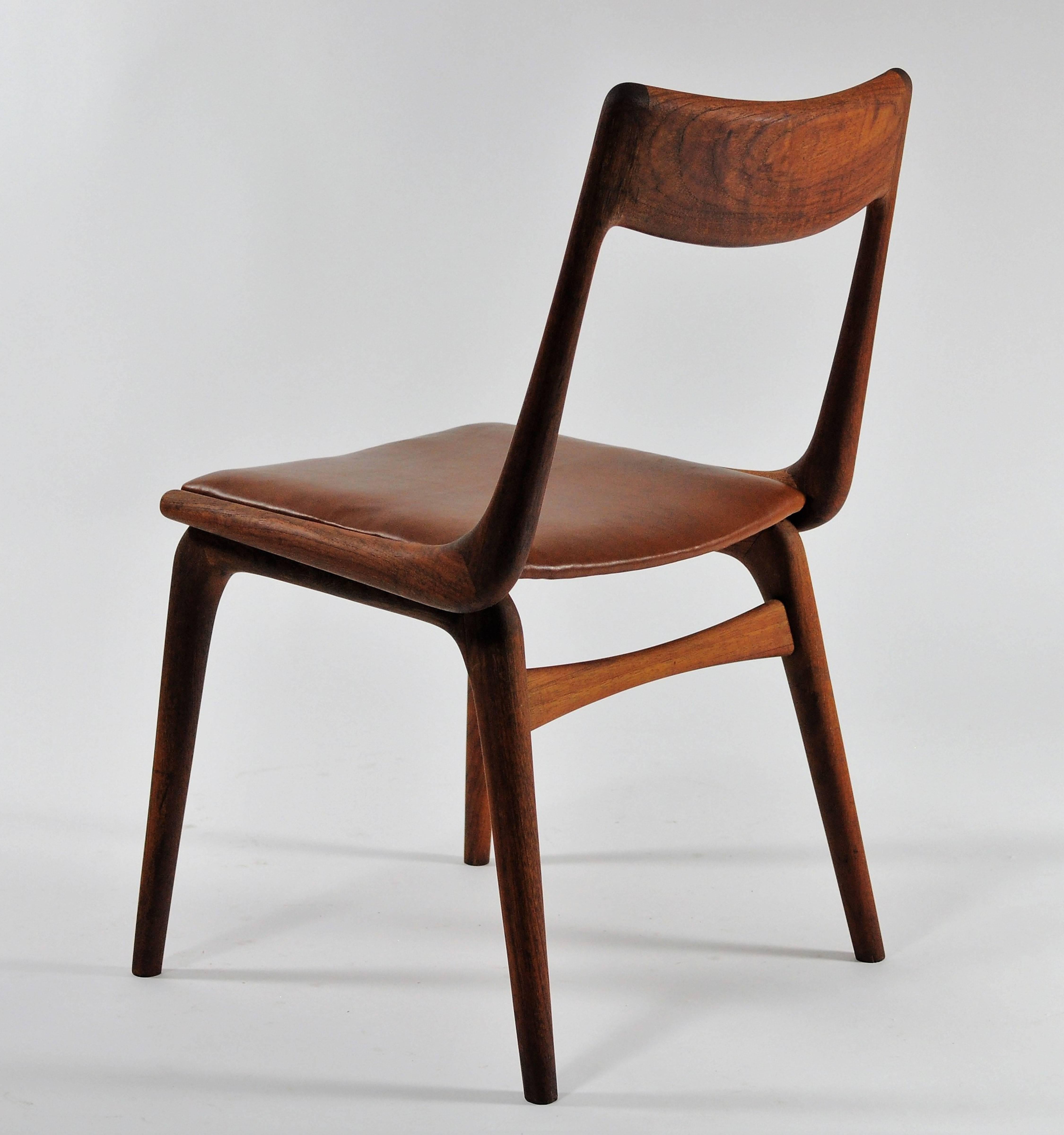 Danish 1950s Set of Six Erik Christiansen Boomerang Chairs in Teak and Brown Leather