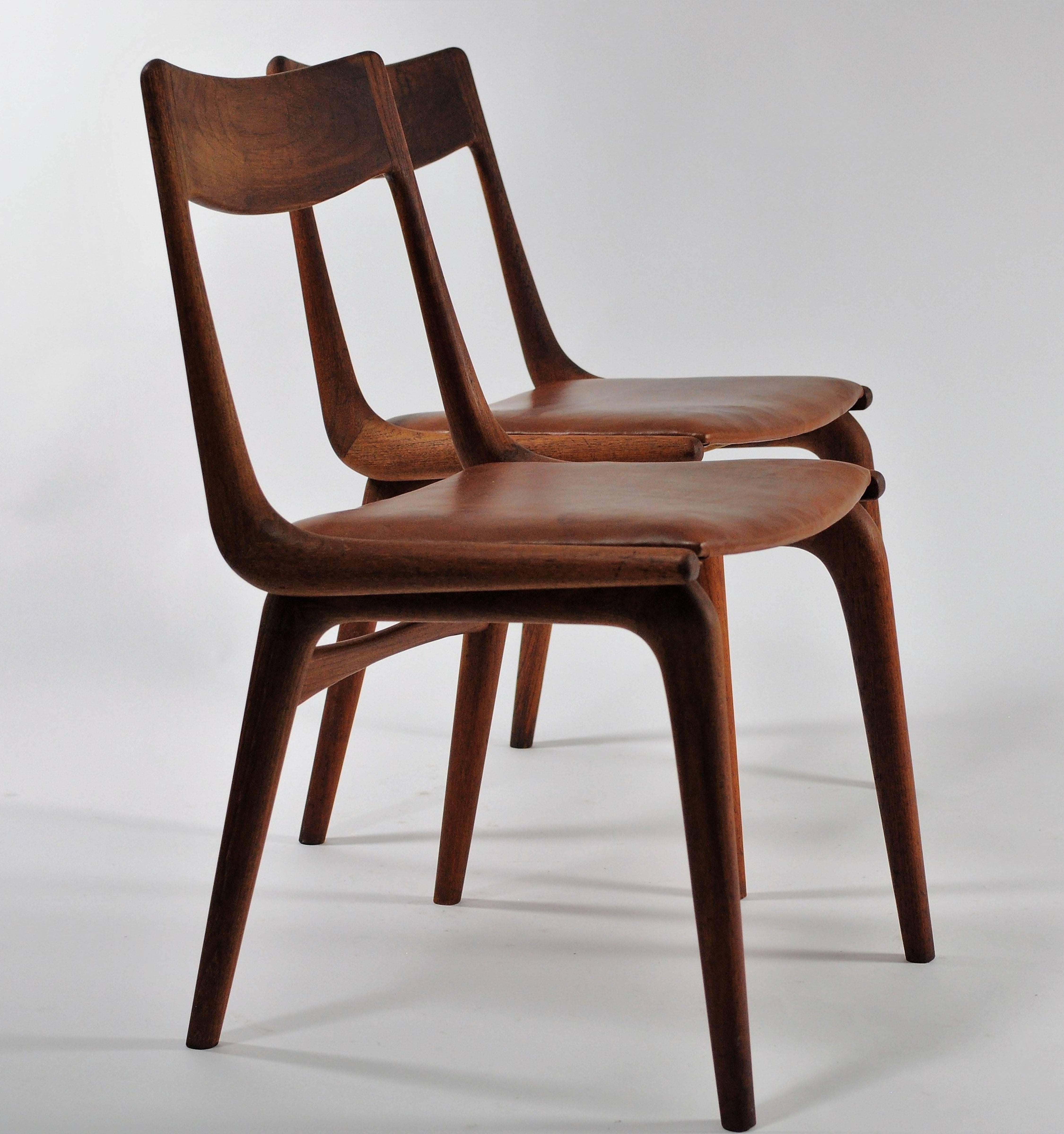 1950s Set of Six Erik Christiansen Boomerang Chairs in Teak and Brown Leather 1