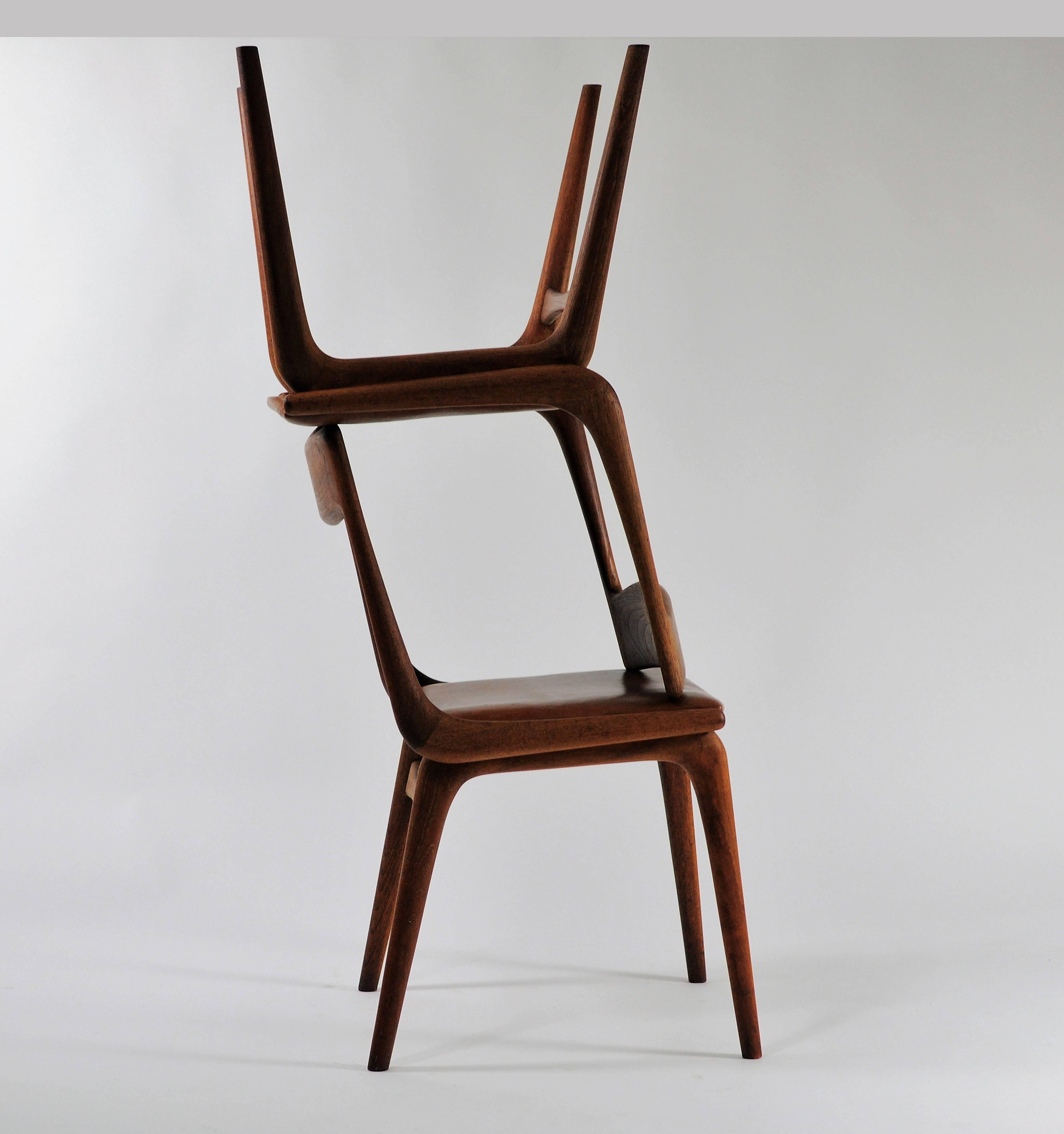 1950s Set of Six Erik Christiansen Boomerang Chairs in Teak and Brown Leather 2