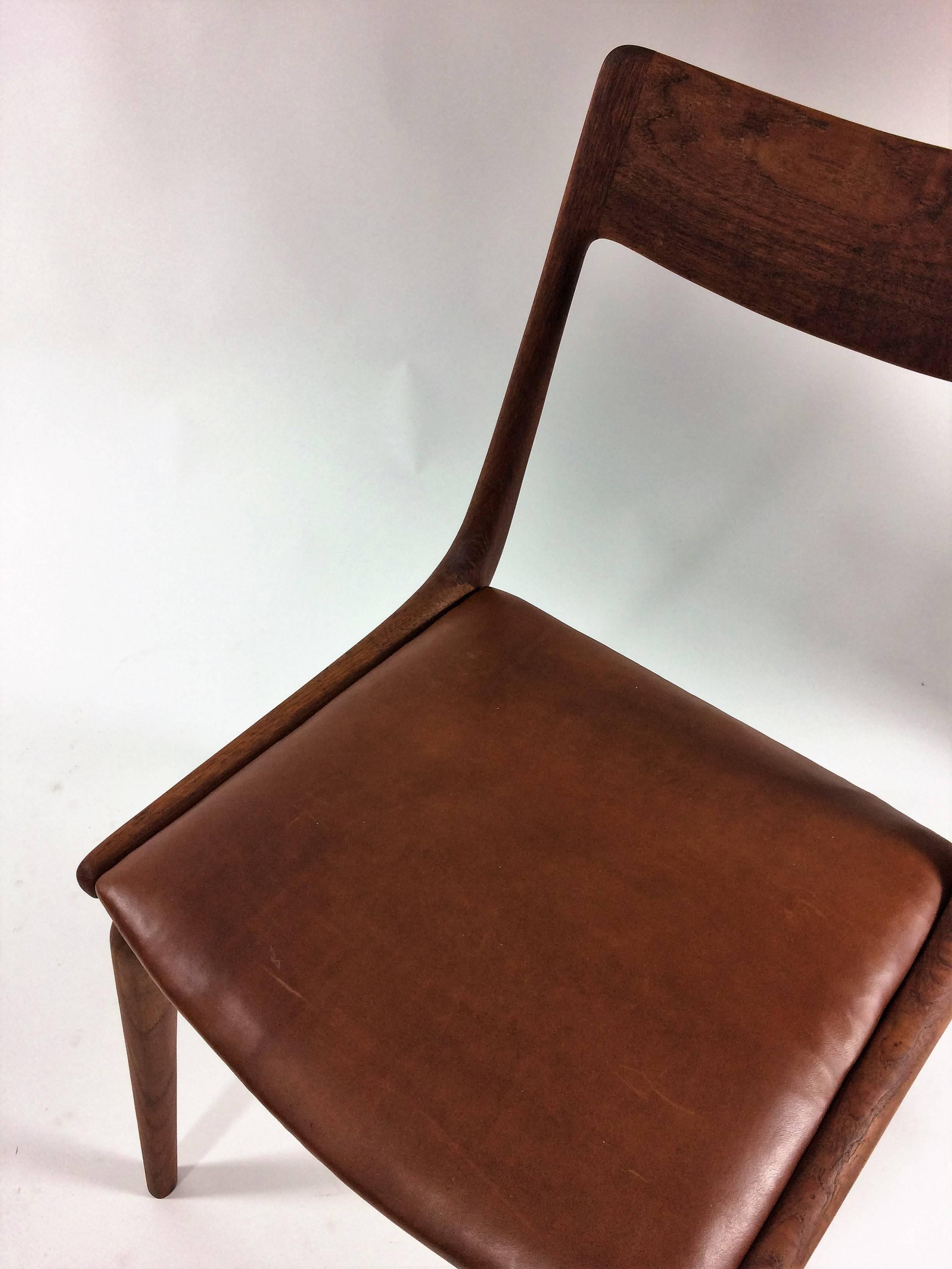 1950s Set of Six Erik Christiansen Boomerang Chairs in Teak and Brown Leather 3