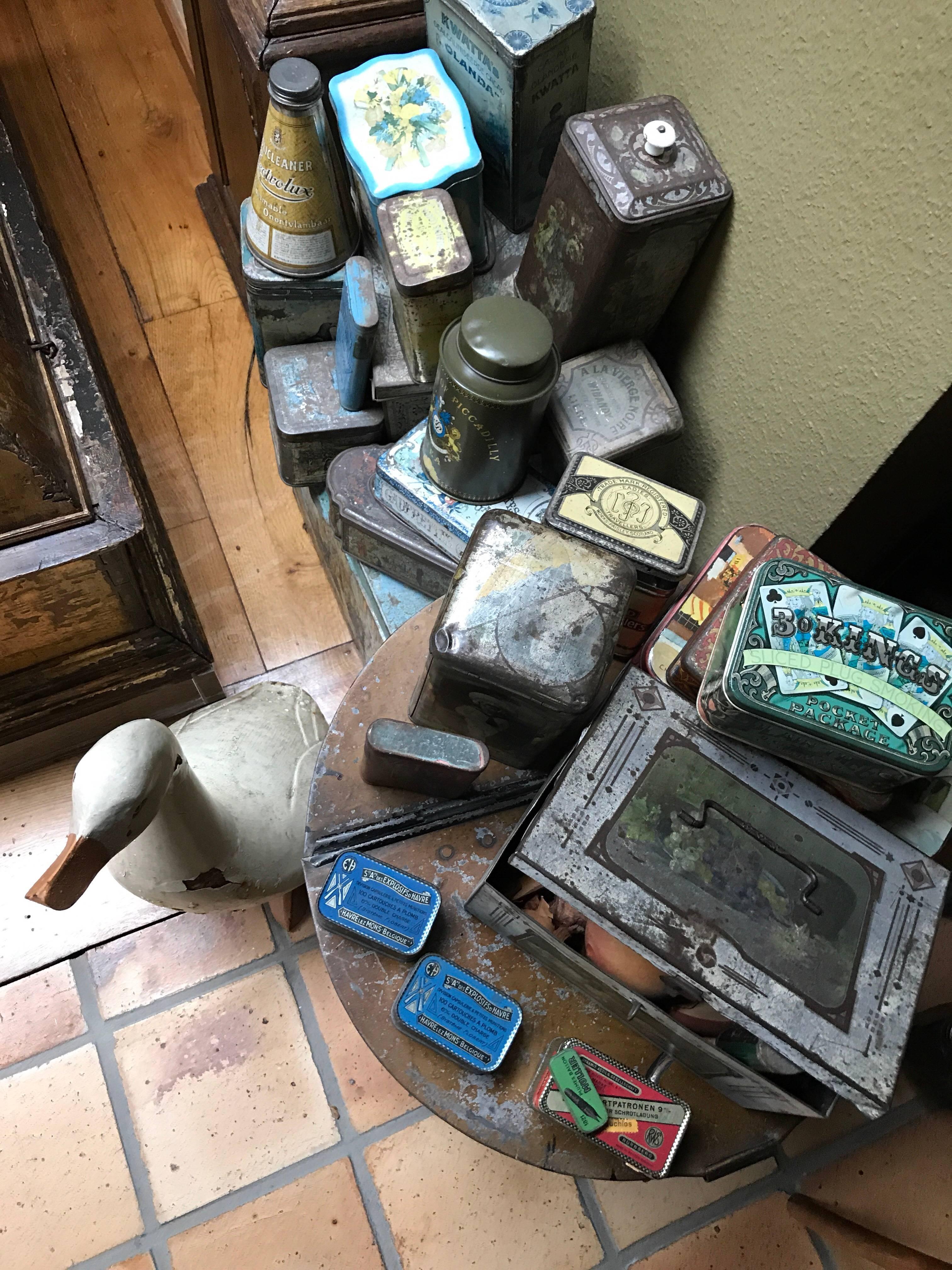 Painted Collection of Tins and a Tin Duck circa 1900 Total 27 Items 