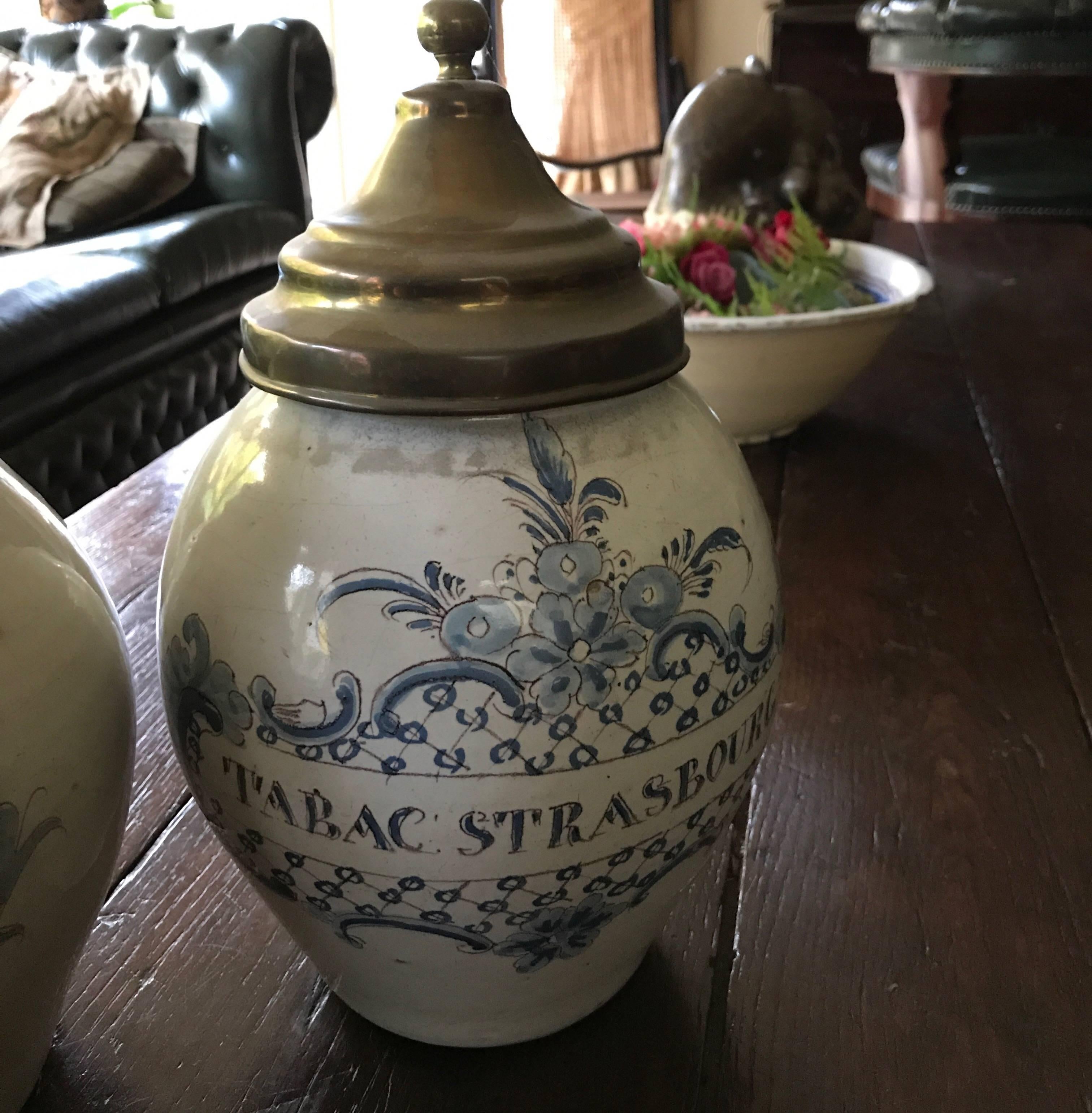 Louis XIV Two Tobacco Jars or Pot 18th Century Delft Blue Probably Strasbourg Made