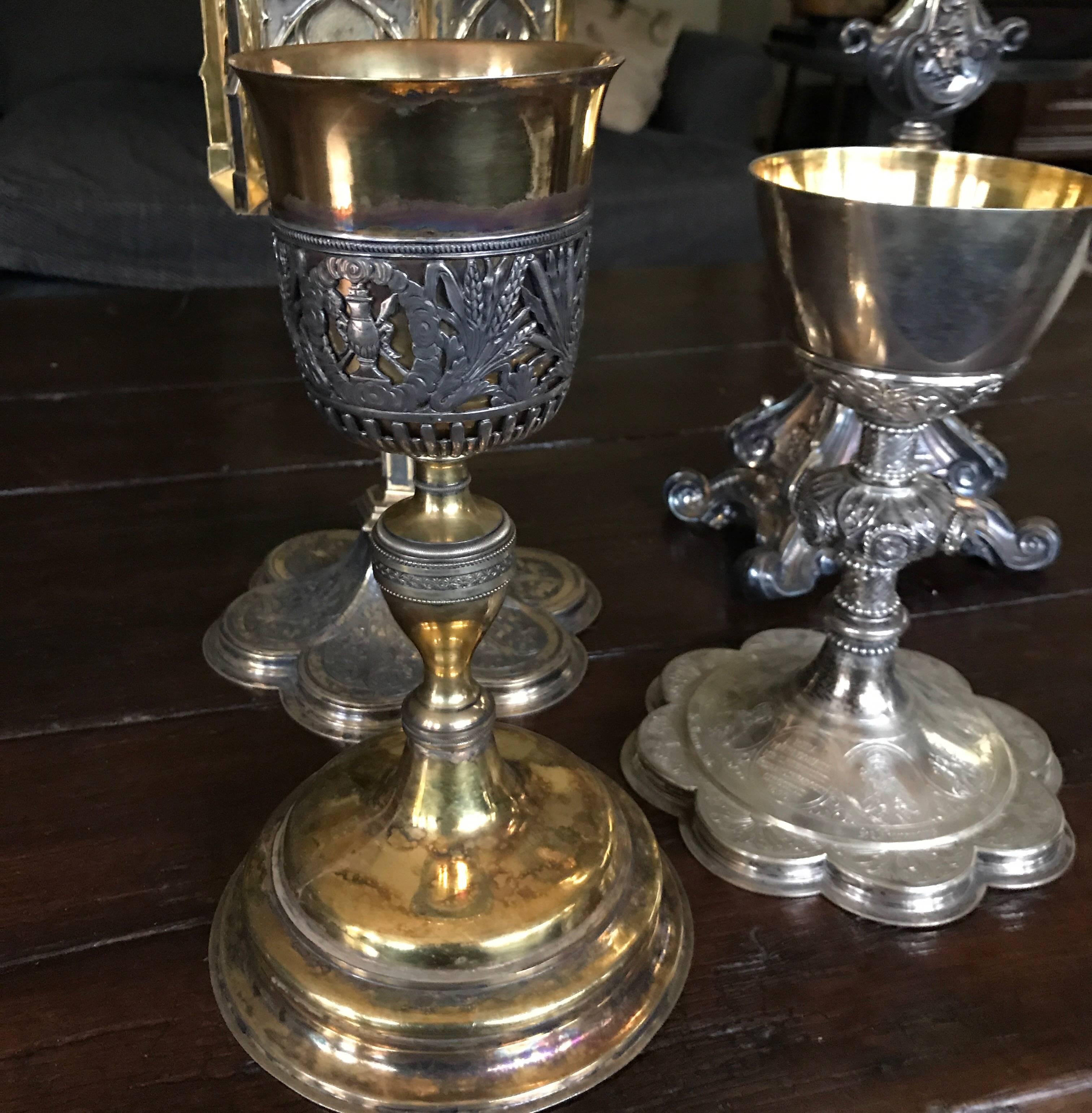 Silver plated late 18-early 19th century church silver
Unique intact and decorative items 
One monstrance
One ciborium
Two challices
Complete and intact off very high quality silver and gold-plated church silver
France.
