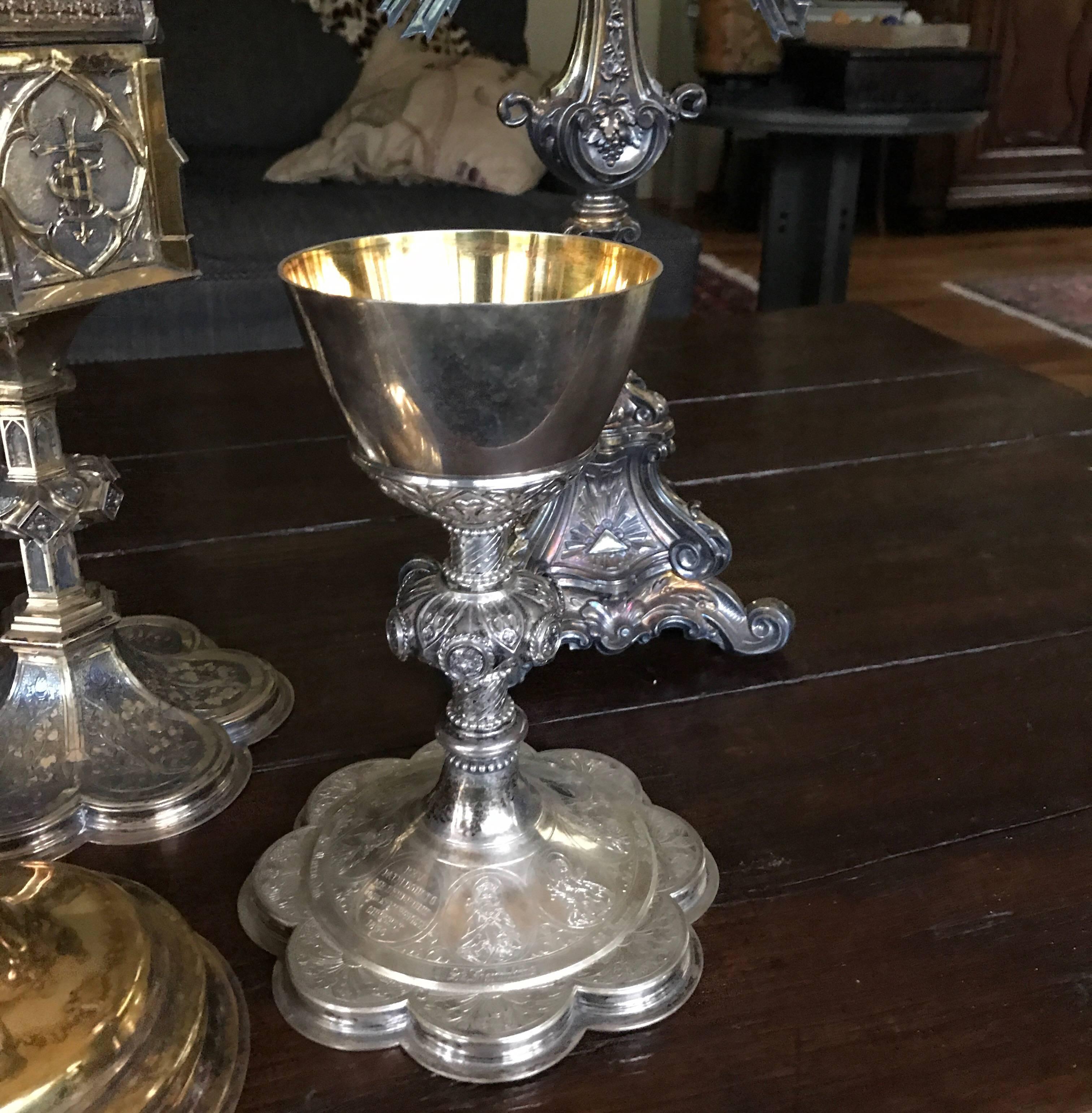 Baroque Collection Monstrance Ciborium and Two Challices in Silver and Gold 19th Century