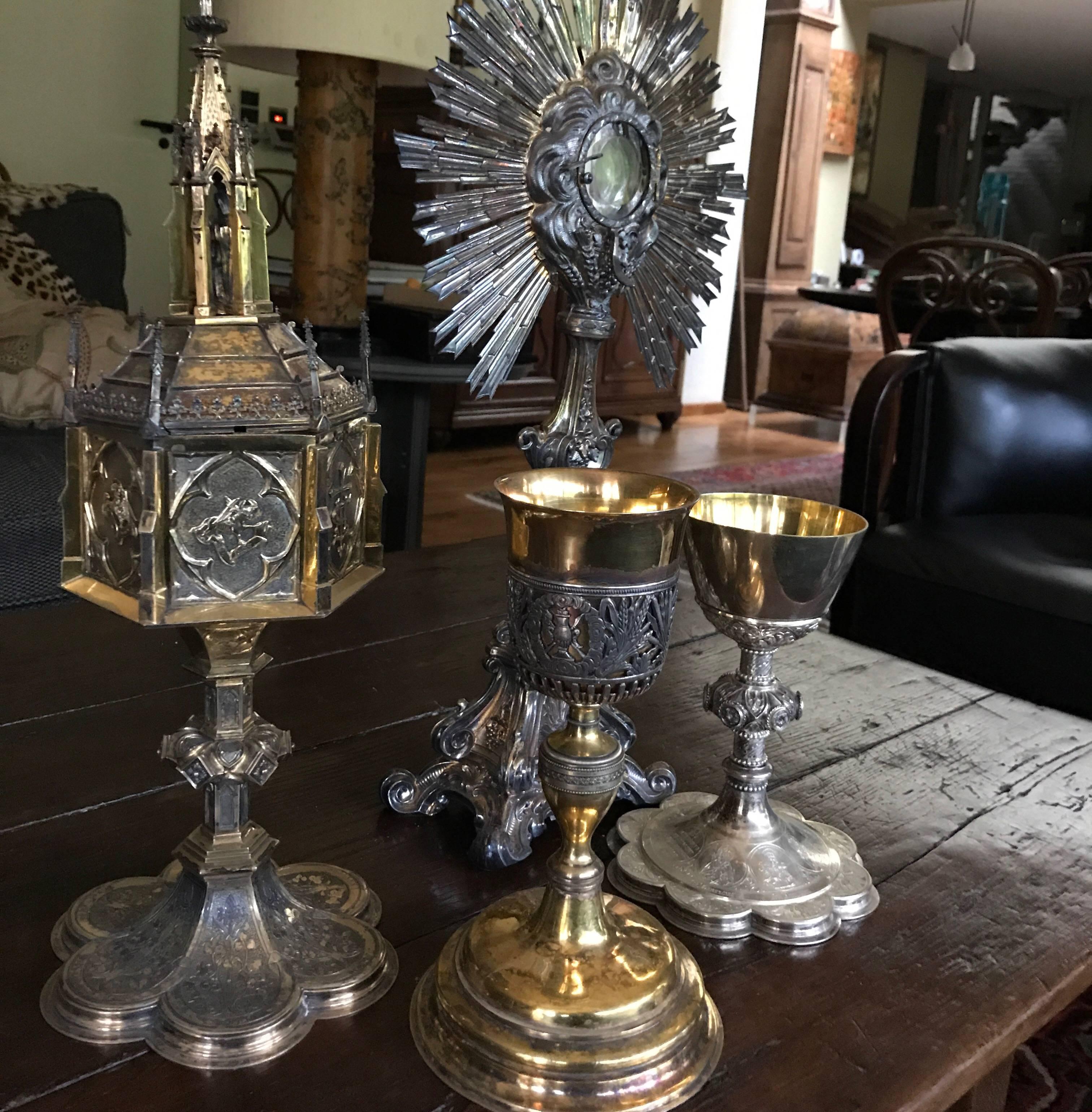 Collection Monstrance Ciborium and Two Challices in Silver and Gold 19th Century 1