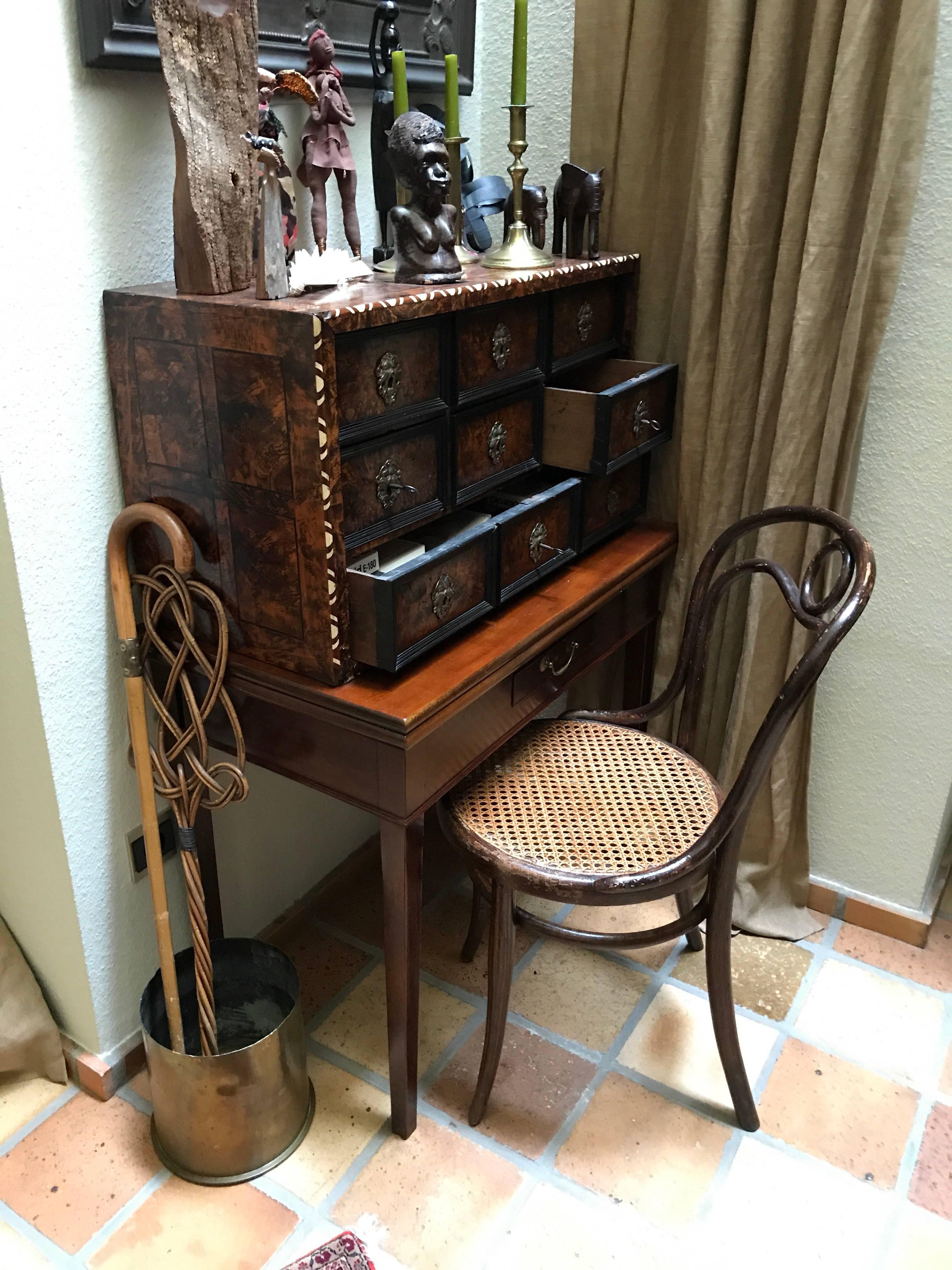 Luiks Lutich Liege cabinet with nine drawers (2 fake ones)
Beautiful burl walnut wood
inlaid ebony and bone 
Measures: 78 W x 43 H x 34 cm D, 
late 17th early 18th century 
Baroque
not all original keys available.
  
some drawers are not