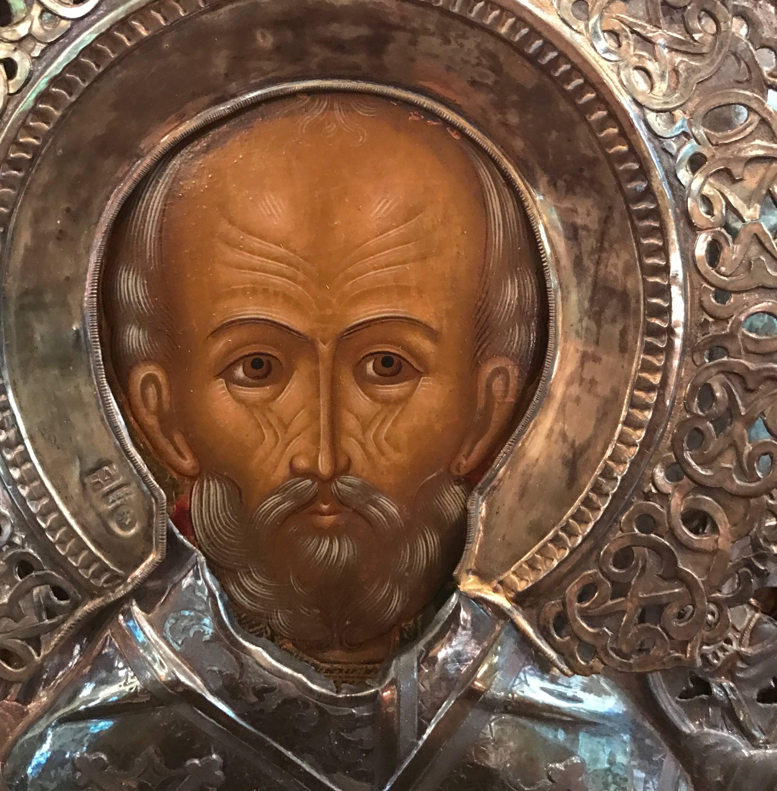 European Icon of Nikolae Cudotvorec Silver by E. Fedorowitsch St Petersburg For Sale