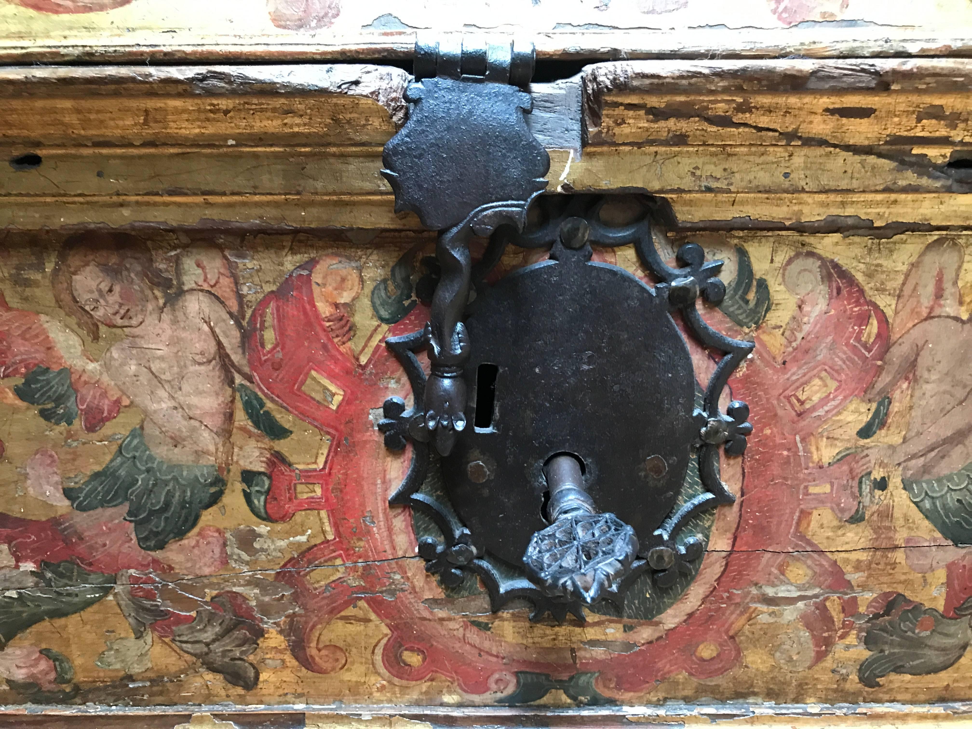 Extremely rare walnut chest with original ironwork and original key 
Late 15th century chest with original polychrome and gilding on the four sides. expertise from Zeberg  Antwerp and Tefaf maastricht 
Measures: H 59 x D 49 x W 106 cm 
Region Torino
