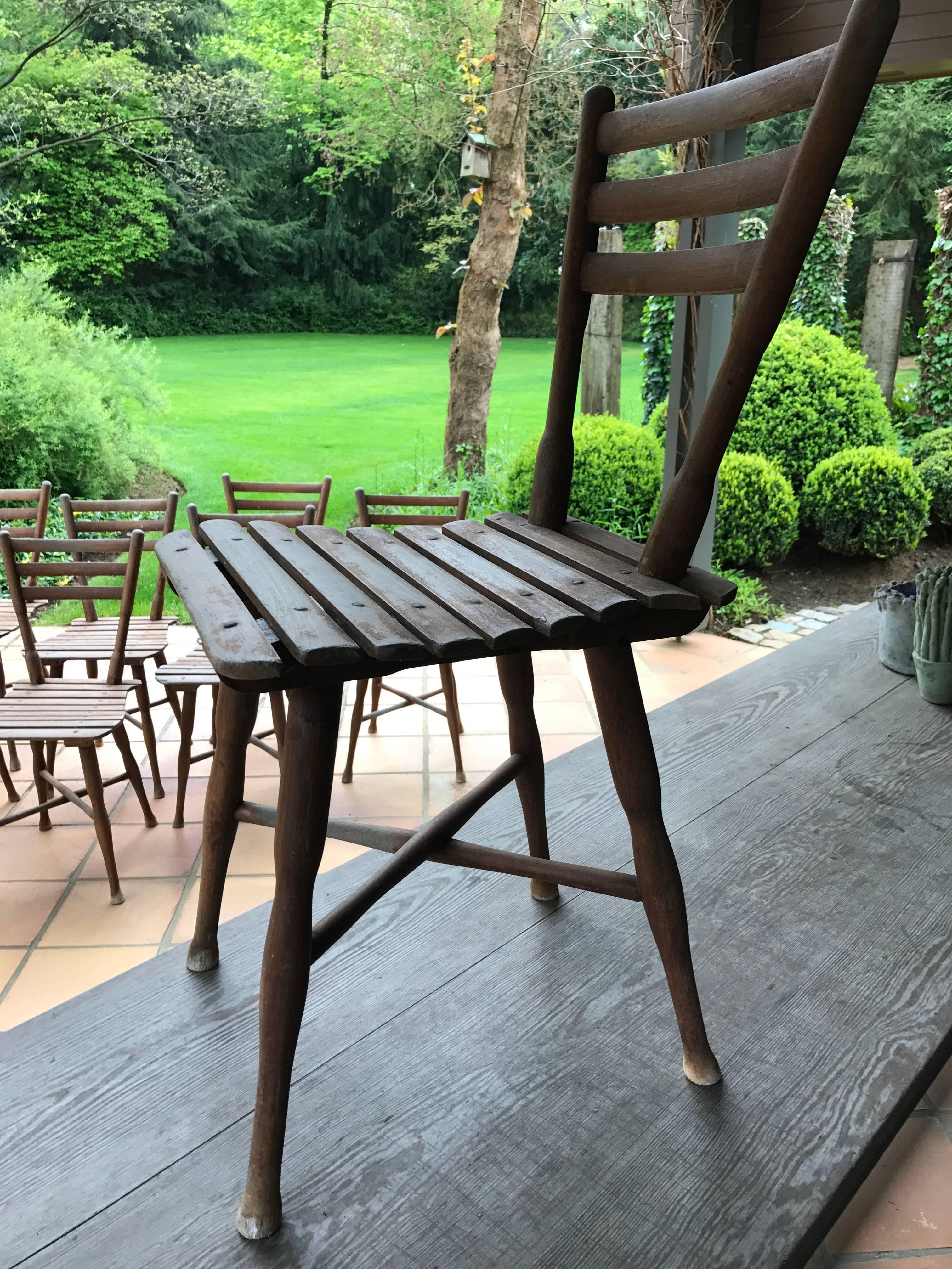 Rare collection of garden chairs made by
Michael Thonet
12 chairs
All stamped Thonet Austria
Pedigree: Malloya Palace Hotel Switzerland
First interior by Thonet
Catalogue 1904
Thonet nr 8,5
Possibility to buy 6 at half the price


Originally painted