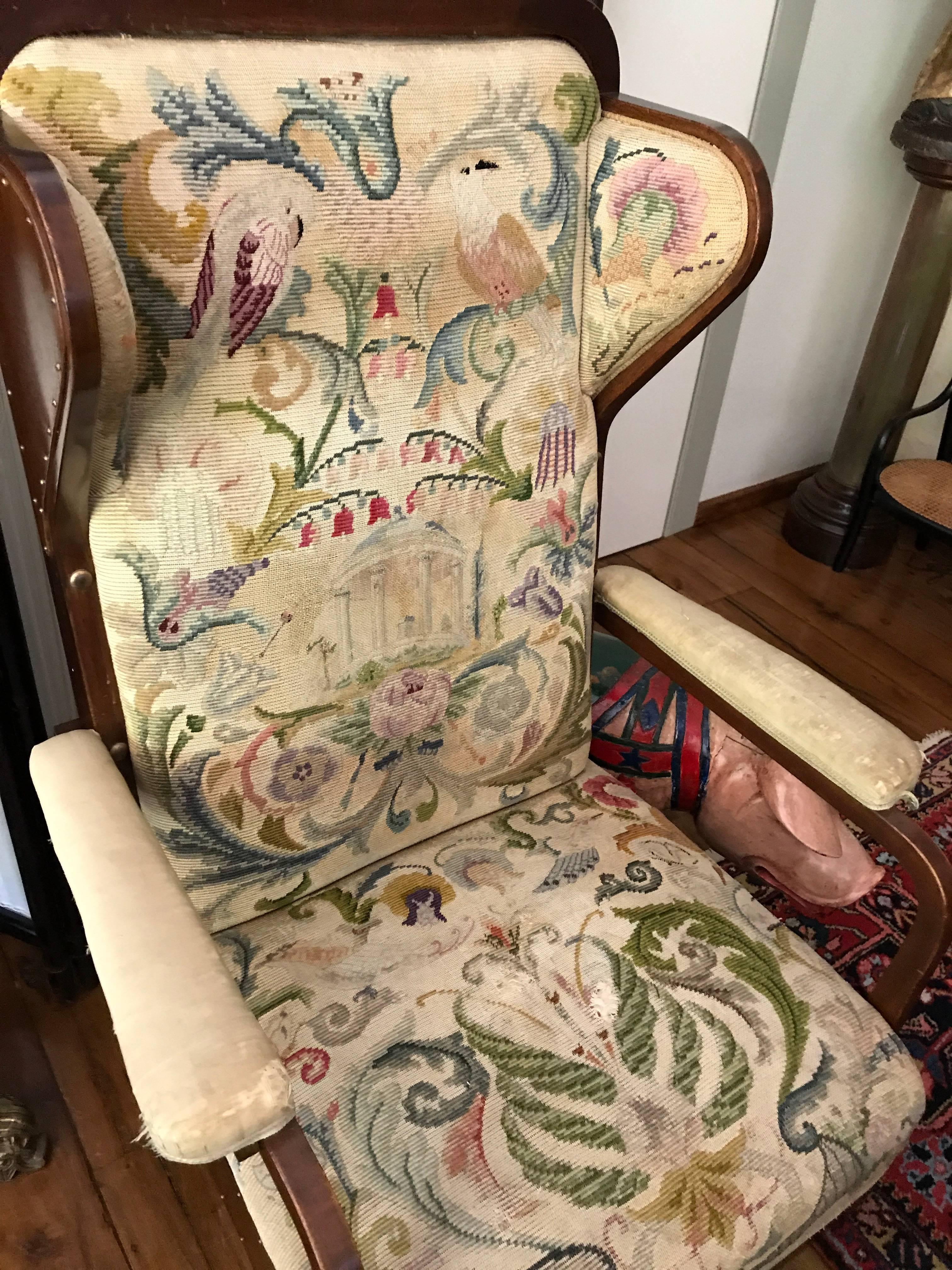 Thonet wing chair. The only one in the world!!!!!!!!!!!!!!
Designed by Marcel Kammener (Wien 1878-1959 Canada)
Especially for the Austrian Expo of London in 1906
Jugenstill 
Fully original and just one in the world 

Exclusive chair embroidered by