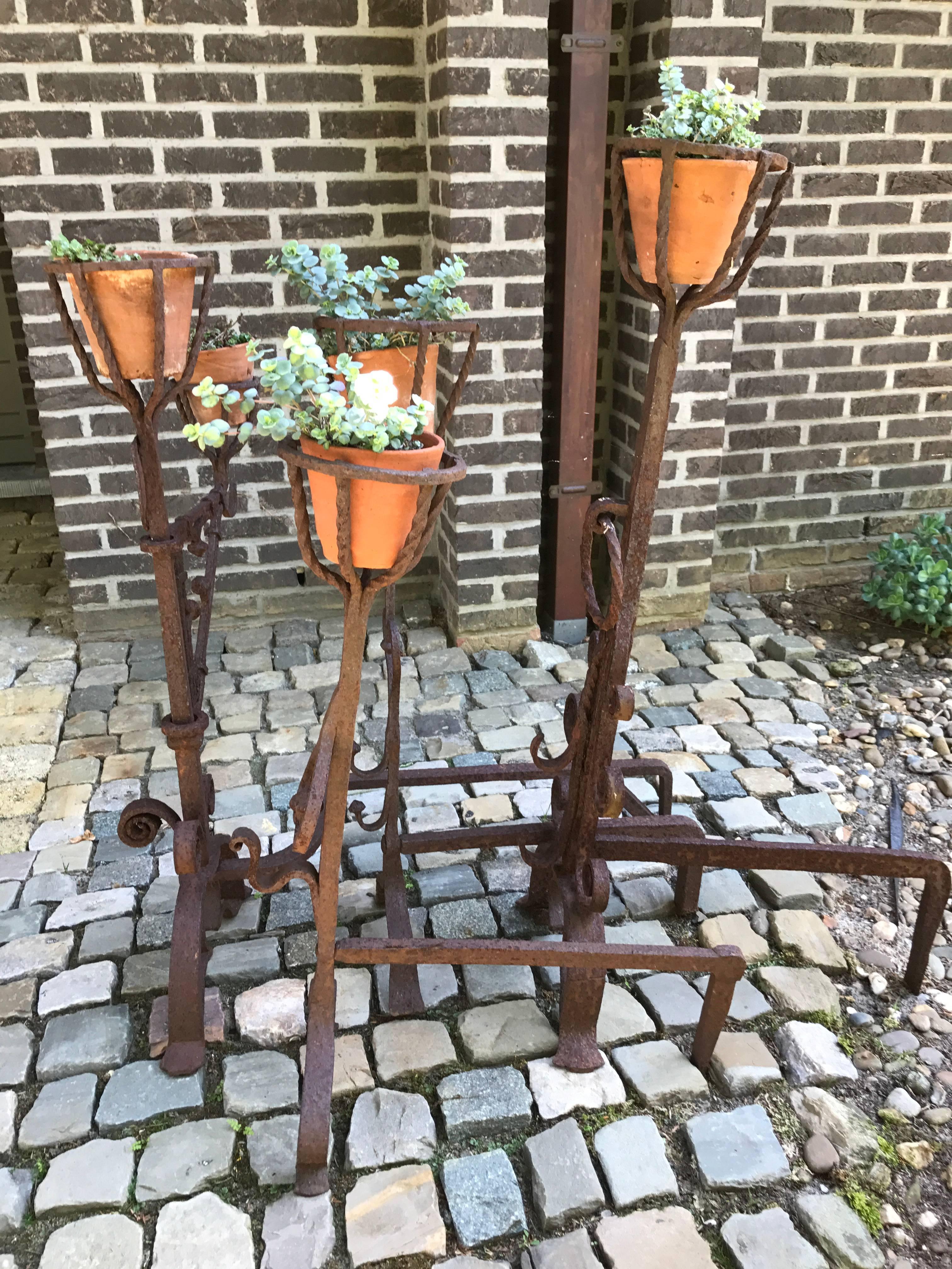 A collections of 4 different fire dogs or andirons for a fireplace 
with 5 vet pot holders with a wick to hold the fire going 
Original master models from the Bruges (Belgium) forge 19th century 
+- 1865 
the wrought ironwork 
To use in a