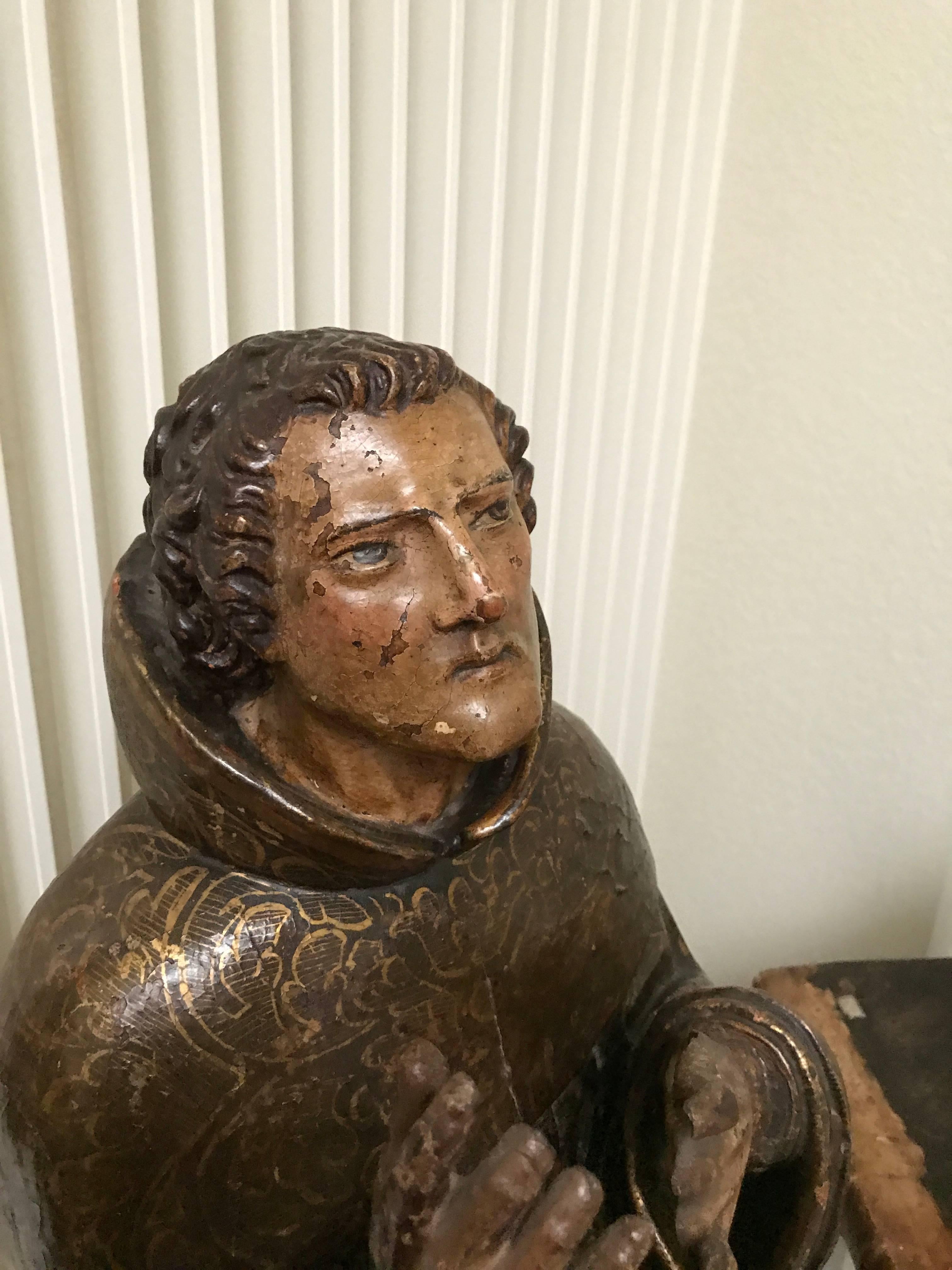 Baroque Holy Pascalis 17th Century Carved in Walnut and Polychromed( original ), Spanish For Sale