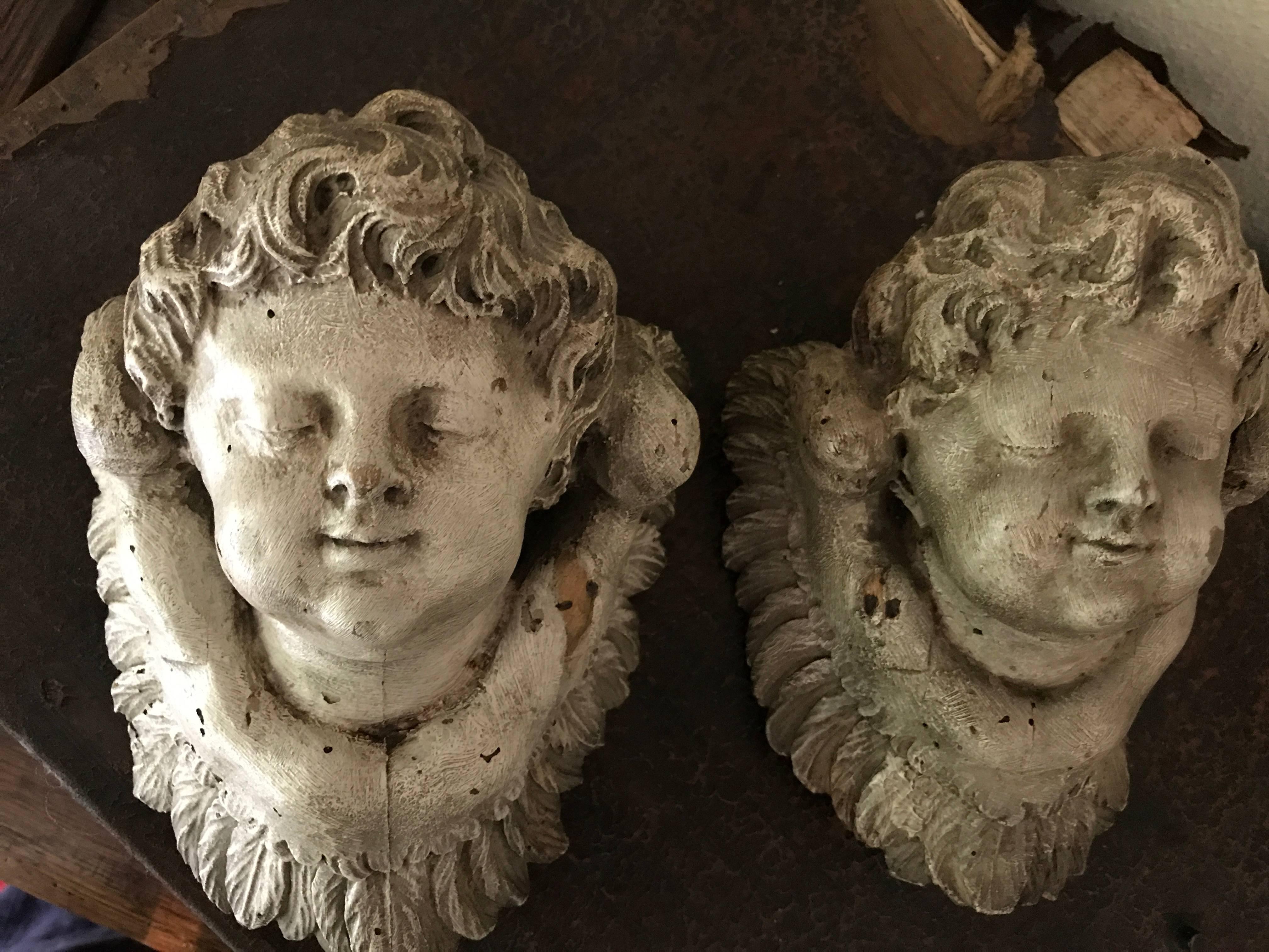 18th Century and Earlier Two Puttis Baroque Angels 17th Century in White/Grey Lacker Limewood For Sale