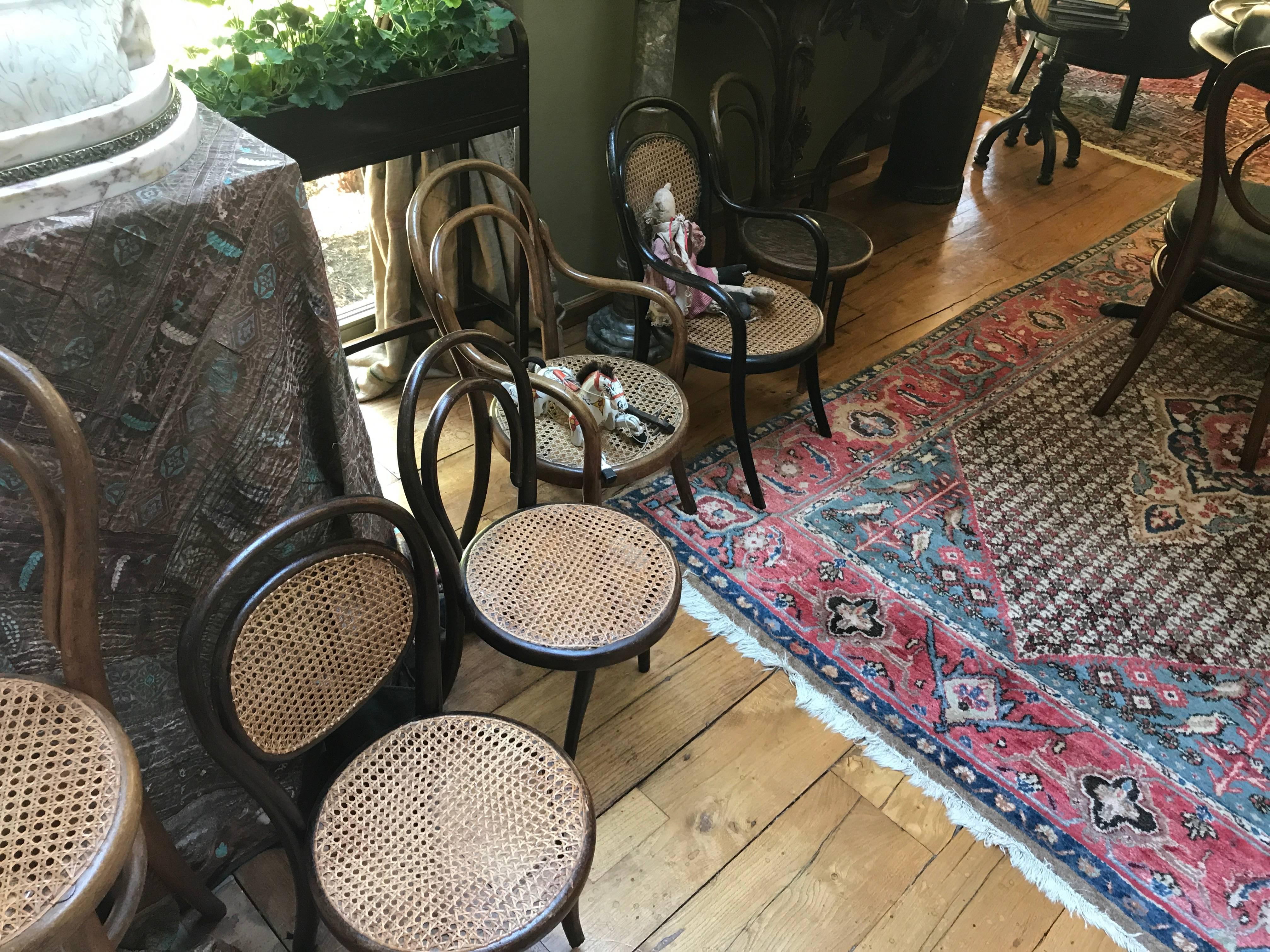 Collection off five children’s armchairs and chairs all different
all stamped and/or labeled by Thonet
Four caned and one wooden seat
one chair with and bad leg (restorable),
circa 1900
Measures: 35 x 35 x 60 x 29 seat height.
 