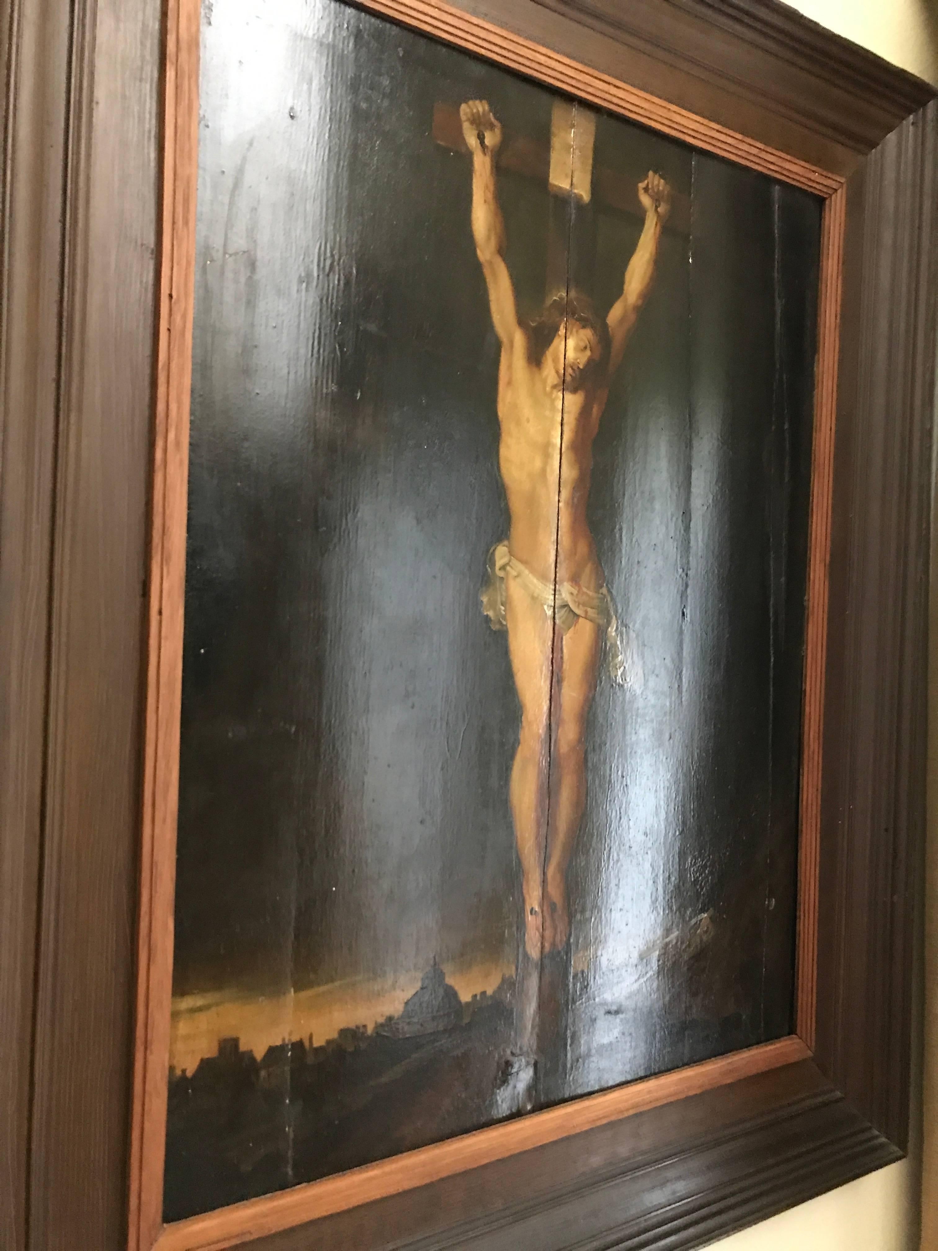 Oil on oak panel 17th century
Crucifixion
Jesus on the cross 
Wonderfull and sad charismatic appearance
natural crack of the oak panel in the middle. Measures: 87 x 72cm.
 