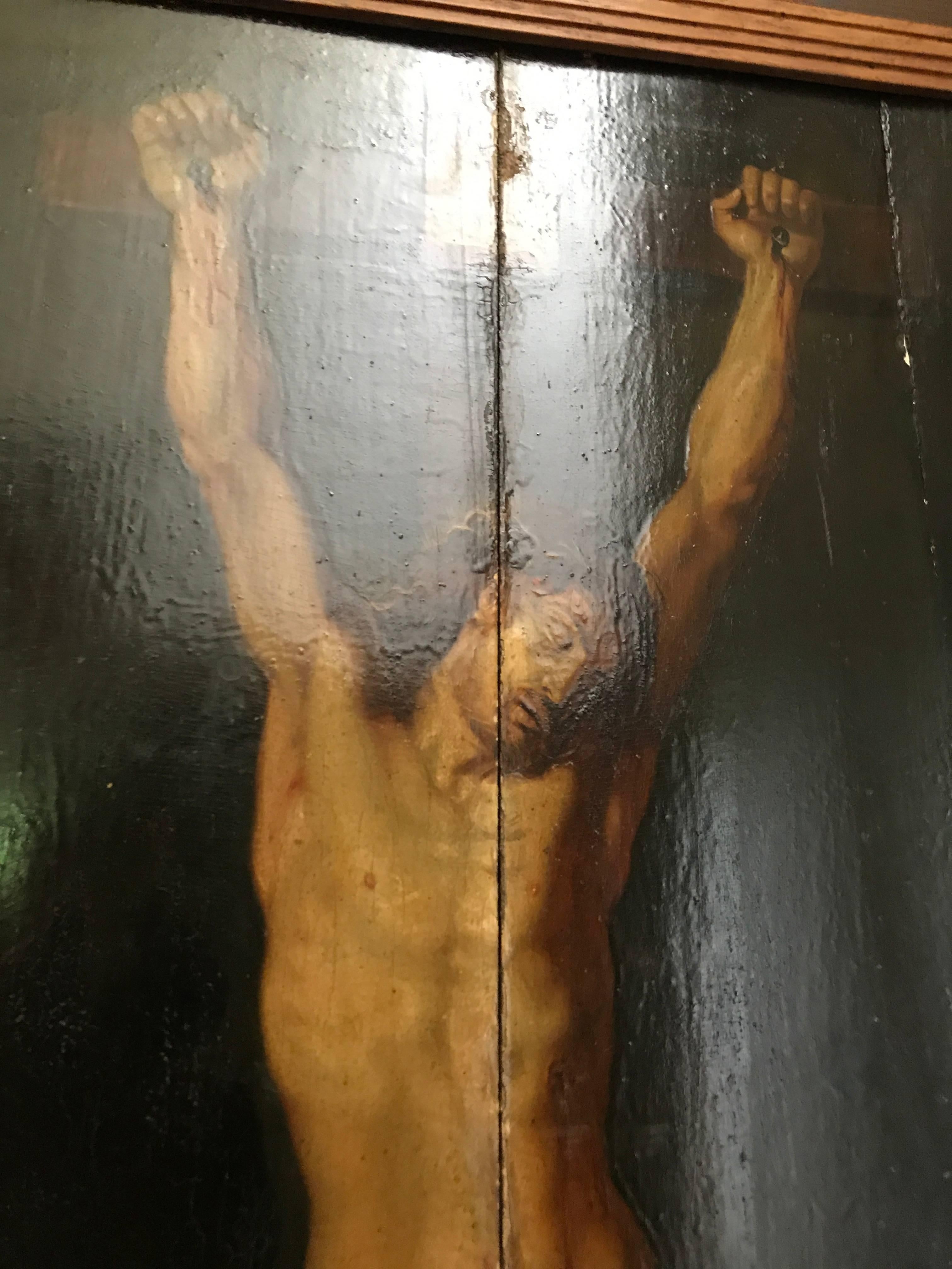 Renaissance Jesus on the Cross, Crucifixion, 17th Century Oil on Oak Panel!!