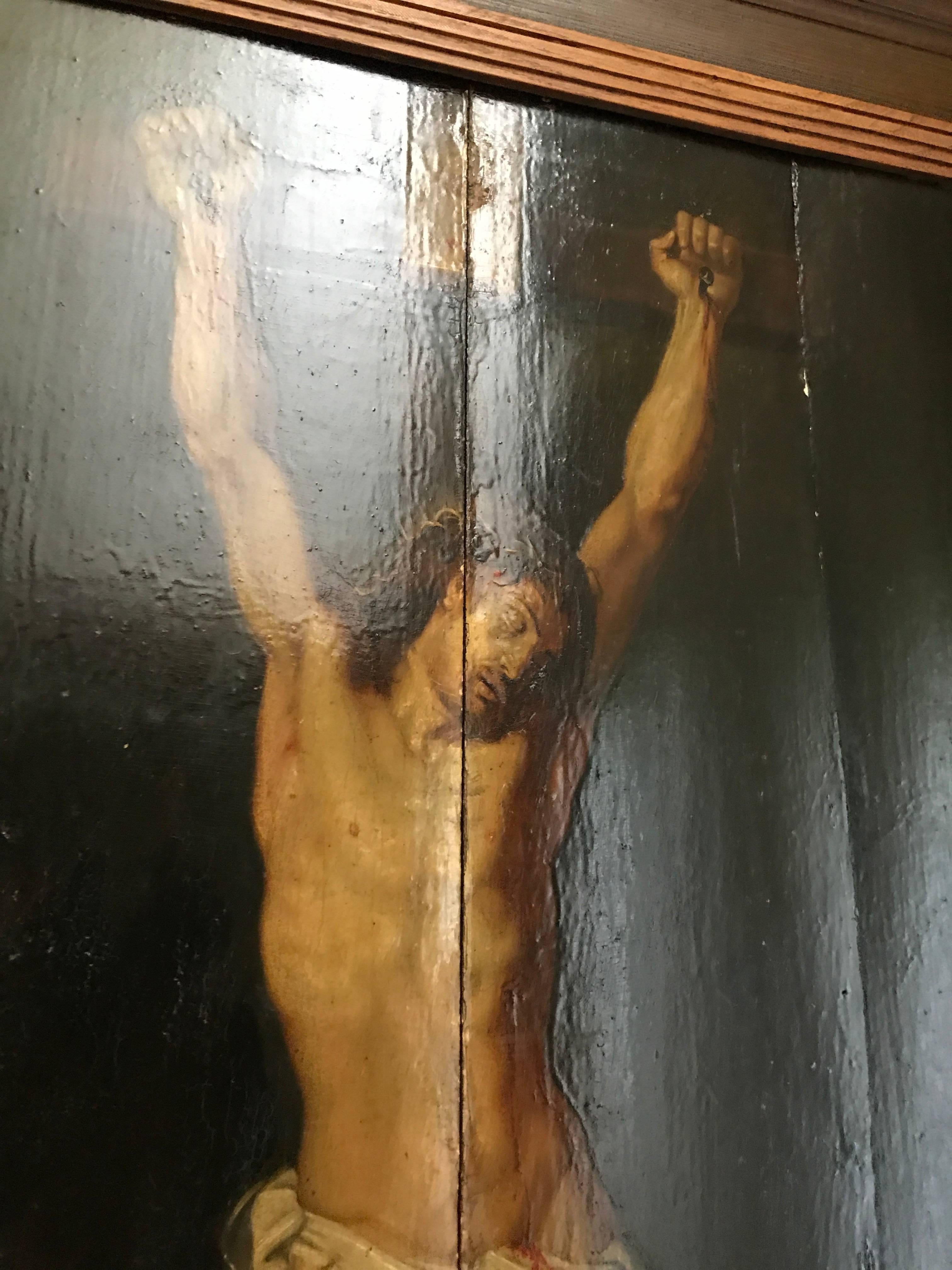 Belgian Jesus on the Cross, Crucifixion, 17th Century Oil on Oak Panel!!