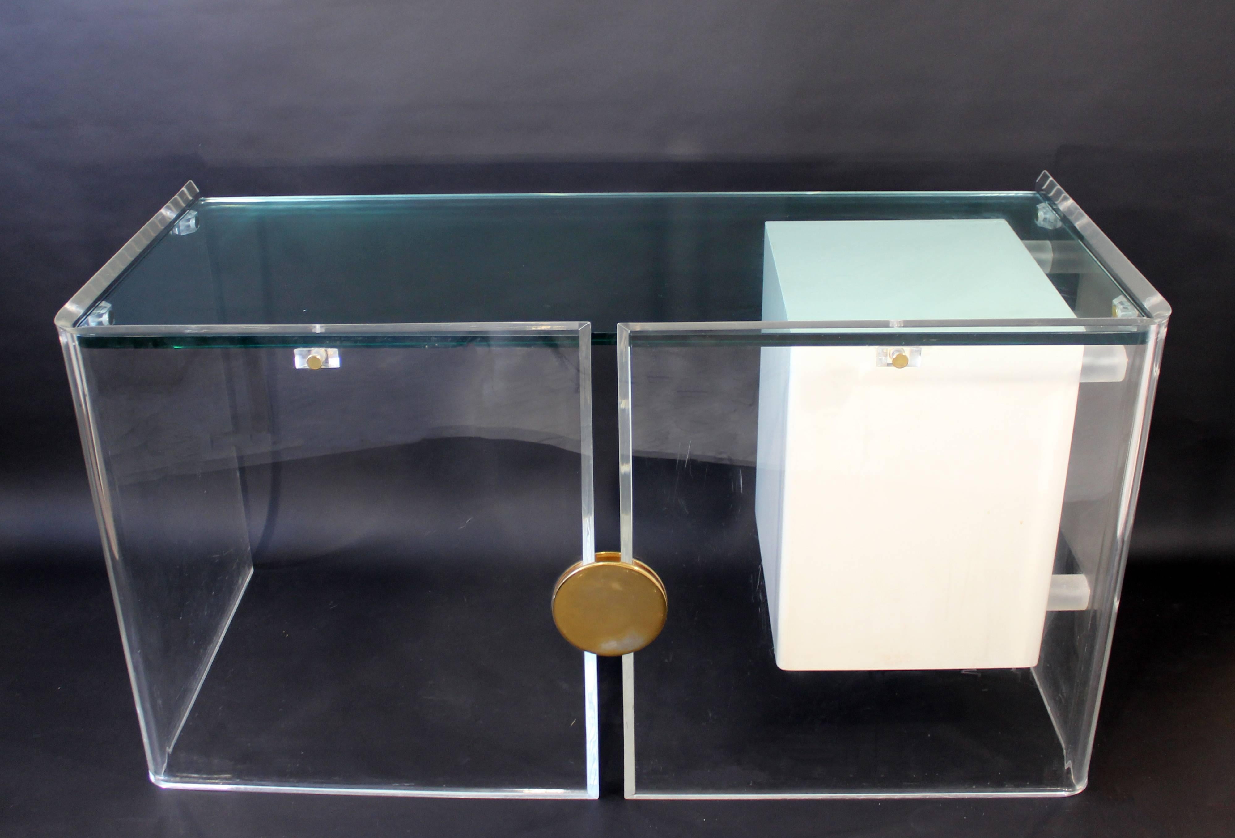 American Mid-Century Modern Lucite Glass Desk White Lacquer Brass Cardin Jones Attributed