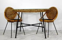 Mid-Century Modern Danny Fong Tropical Bamboo Rattan Iron Patio Table Two Chairs
