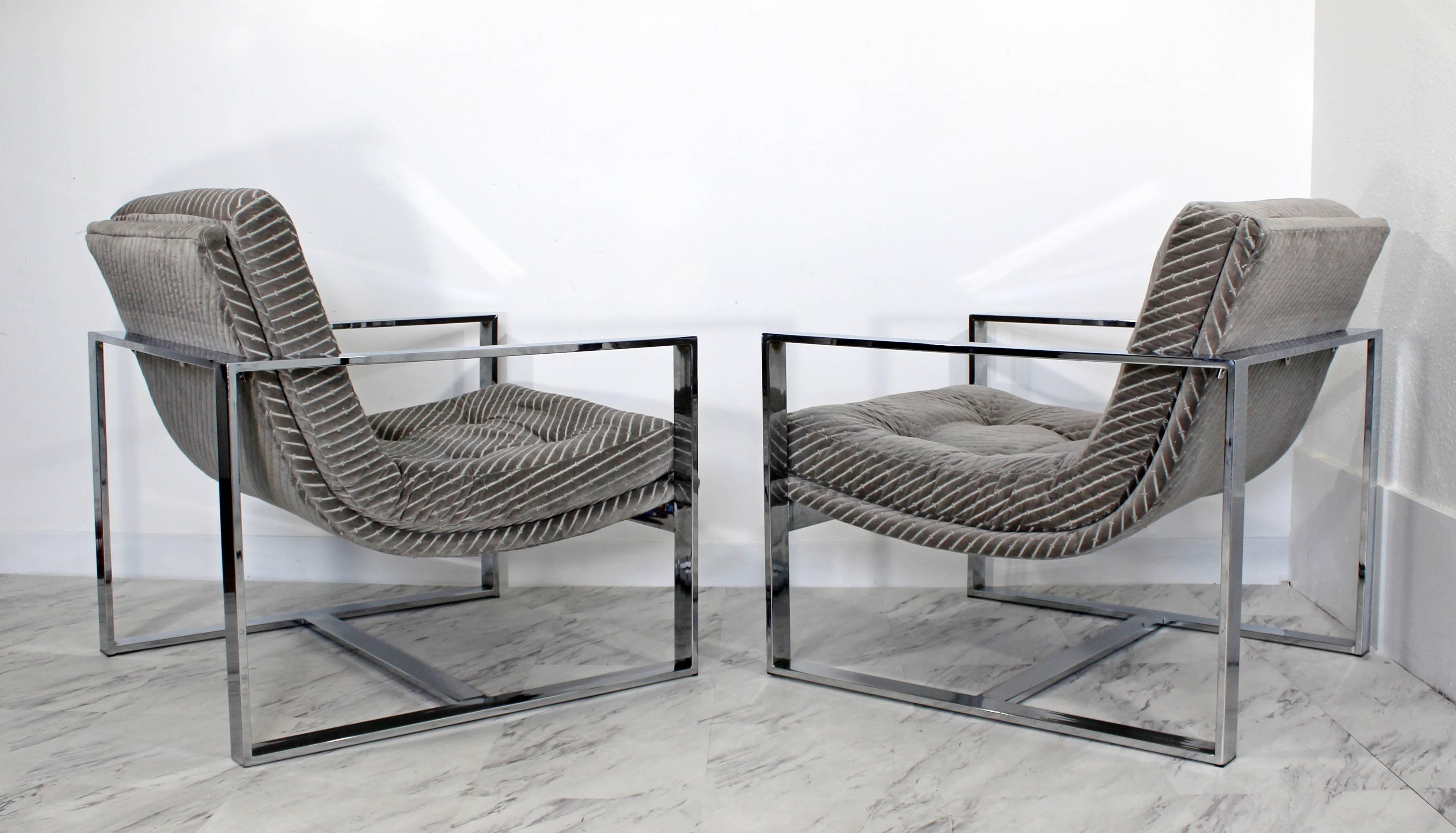 Chrome Mid-Century Modern Milo Baughman Attributed Flat Bar Scoop Lounge Chairs, Pair