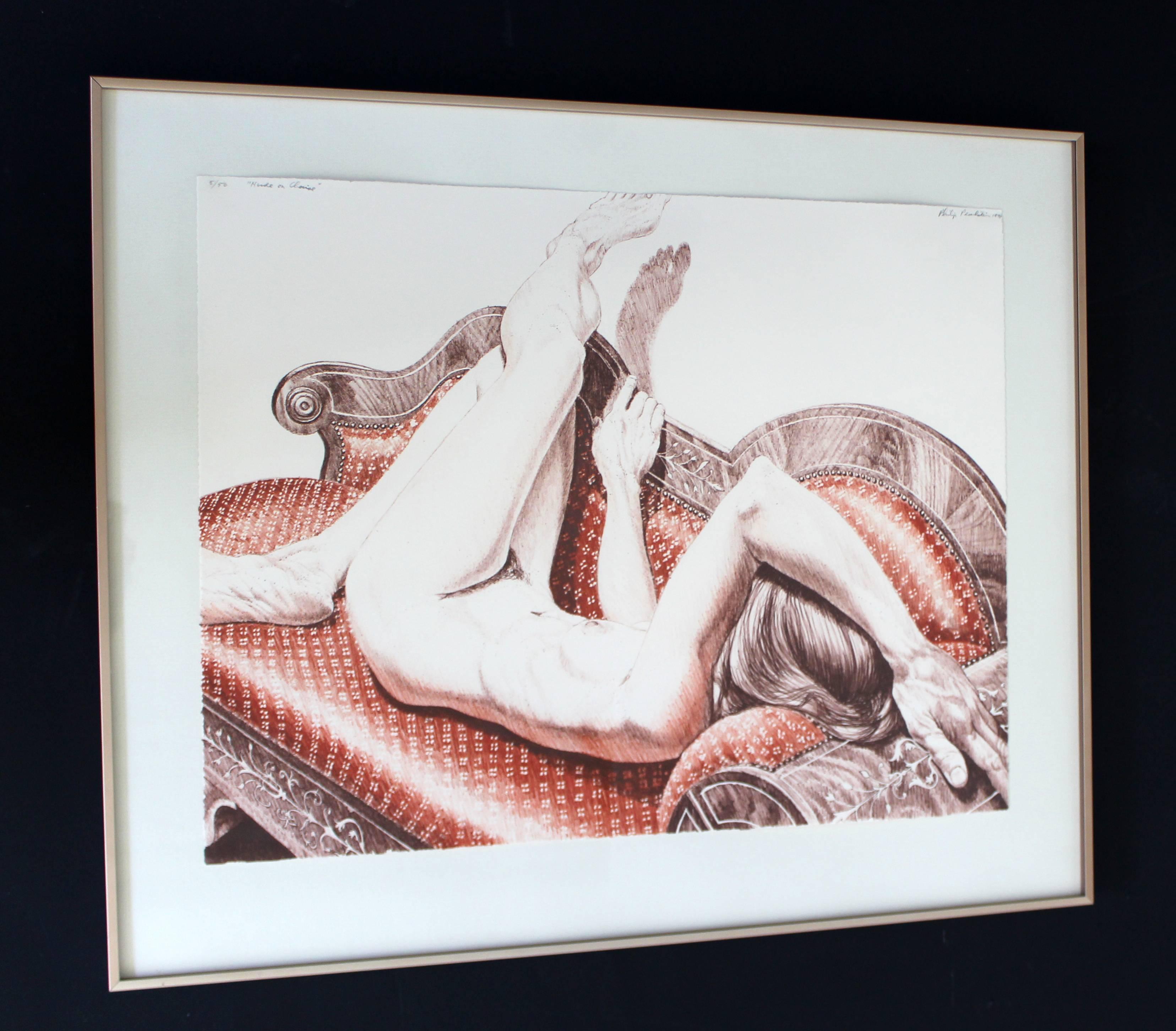 For your consideration is an incredibly detailed, drawing lithograph, entitled "Nude on Chaise," signed and dated by Philip Pearlstein, circa the 1970s numbered 5/50. In excellent condition. The dimensions of the frame are 27" W x